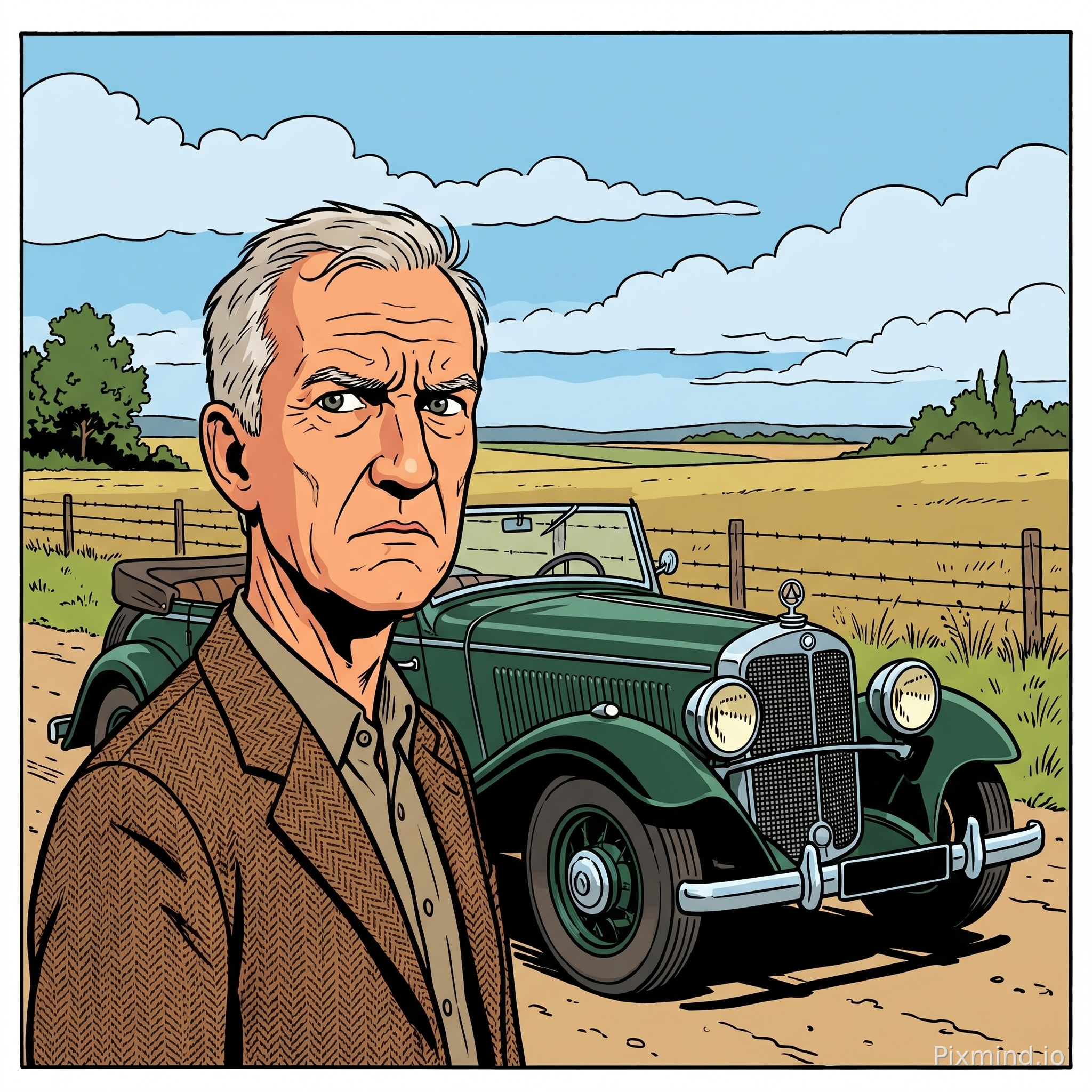 use the face of the image as a person in a tweed jacket and standing in front of an 1930 open mercedes on a road in an open landcape with fields surrounded by barbed wire in a style that resembles the art style of Tintin. Include features typical of the Tintin comics, such as bold outlines, vibrant colors, and exaggerated facial expressions.