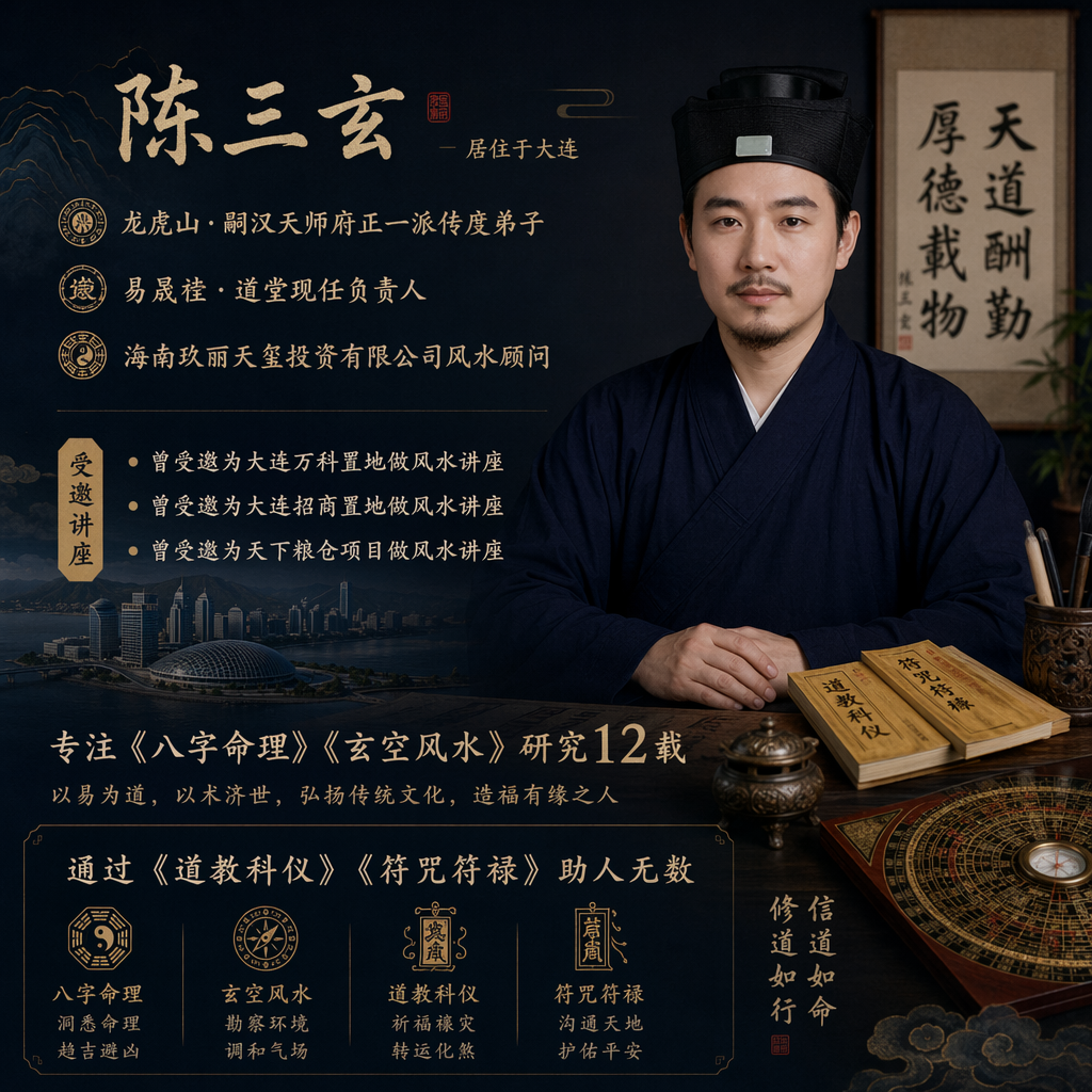 陈三玄,居住于大连。
-龙虎山·嗣汉天师府正一派传度弟子。
-易晟堂·道堂现任负责人。
-海南玖丽天玺投资有限公司风水顾问。
-曾受邀为大连万科置地做风水讲座。
-曾受邀为大连招商置地做风水讲座。
-曾受邀为天下粮仓项目做风水讲座。
专注《八字命理》《玄空风水》研究12载。
通过《道教科仪》《符咒符禄》助人无数