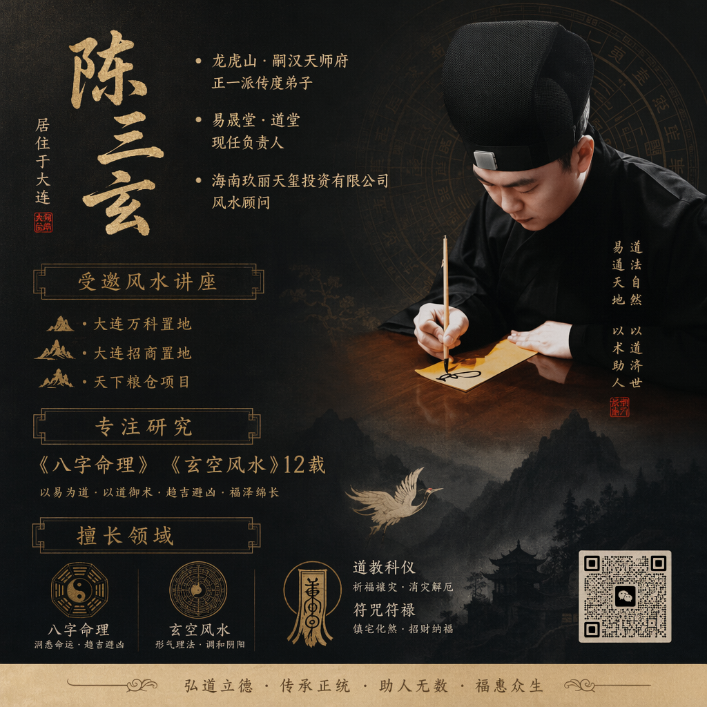 陈三玄,居住于大连。
-龙虎山·嗣汉天师府正一派传度弟子。
-易晟堂·道堂现任负责人。
-海南玖丽天玺投资有限公司风水顾问。
-曾受邀为大连万科置地做风水讲座。
-曾受邀为大连招商置地做风水讲座。
-曾受邀为天下粮仓项目做风水讲座。
专注《八字命理》《玄空风水》研究12载。
通过《道教科仪》《符咒符禄》助人无数 要求 生成名片。 有道系风格,