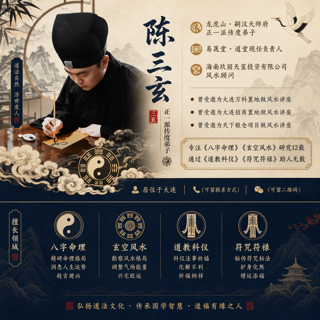 陈三玄,居住于大连。
-龙虎山·嗣汉天师府正一派传度弟子。
-易晟堂·道堂现任负责人。
-海南玖丽天玺投资有限公司风水顾问。
-曾受邀为大连万科置地做风水讲座。
-曾受邀为大连招商置地做风水讲座。
-曾受邀为天下粮仓项目做风水讲座。
专注《八字命理》《玄空风水》研究12载。
通过《道教科仪》《符咒符禄》助人无数 要求 生成名片。 有道系风格
