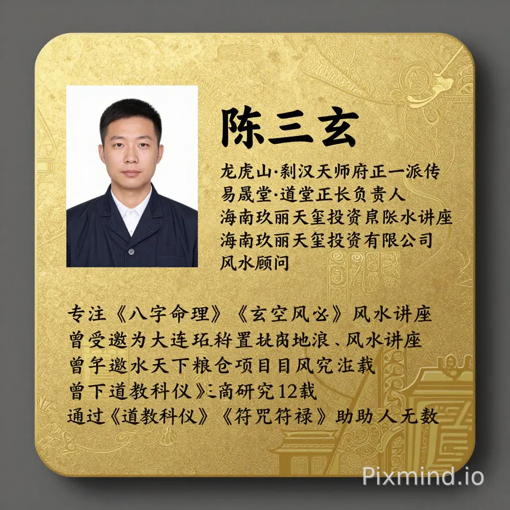 陈三玄,居住于大连。
-龙虎山·嗣汉天师府正一派传度弟子。
-易晟堂·道堂现任负责人。
-海南玖丽天玺投资有限公司风水顾问。
-曾受邀为大连万科置地做风水讲座。
-曾受邀为大连招商置地做风水讲座。
-曾受邀为天下粮仓项目做风水讲座。
专注《八字命理》《玄空风水》研究12载。
通过《道教科仪》《符咒符禄》助人无数 生成一个道系烫金名片
