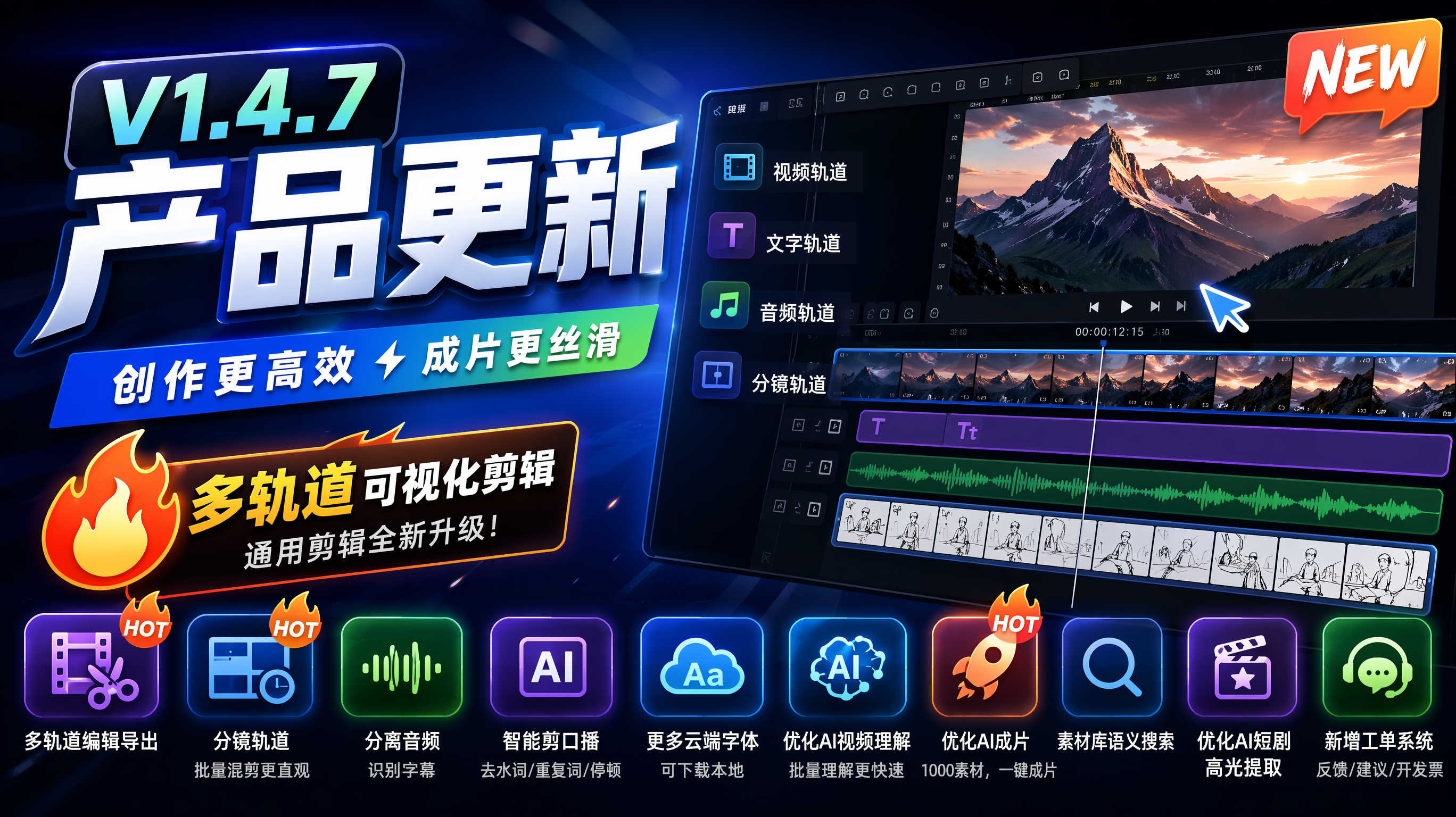 帮我生成一个视频的封面 关于我们产品更新的介绍 要能吸引用户点击 不需要太多字 文案要简洁
客户端 V1.4.7
1. 🔥🔥🔥🔥新增 多轨道可视化剪辑 -通用剪辑
2. 🔥🔥支持多轨道素材编辑、导出
3. 🔥🔥支持分镜轨道,批量混剪分镜时长控制更直观
4. 新增分离音频
5. 新增识别字幕
6. 新增智能剪口播,一键去水词、重复词、停顿
7. 新增更多云端字体,可以下载本地
8. 优化AI视频理解,批量理解快速响应
9. 🔥🔥优化AI成片功能,支持1000个素材导入,一键AI批量成片更丝滑
10. 素材库新增语义搜索功能
11. 优化AI短剧高光提取
12. 新增工单系统,问题反馈、功能建议、开发票等可以直接提工单