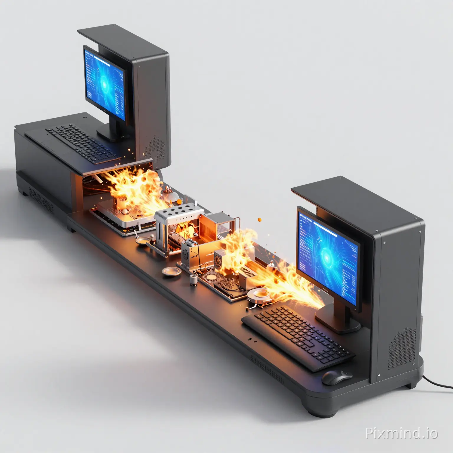 Tu que eres un experto en simulación y modelado 3D, Crea una secuencia de imágenes en fragrames imagen simulando una implosión desde adentro de una computadora muy lento donde se vean sus partes de la implosión lo mas realista posible.