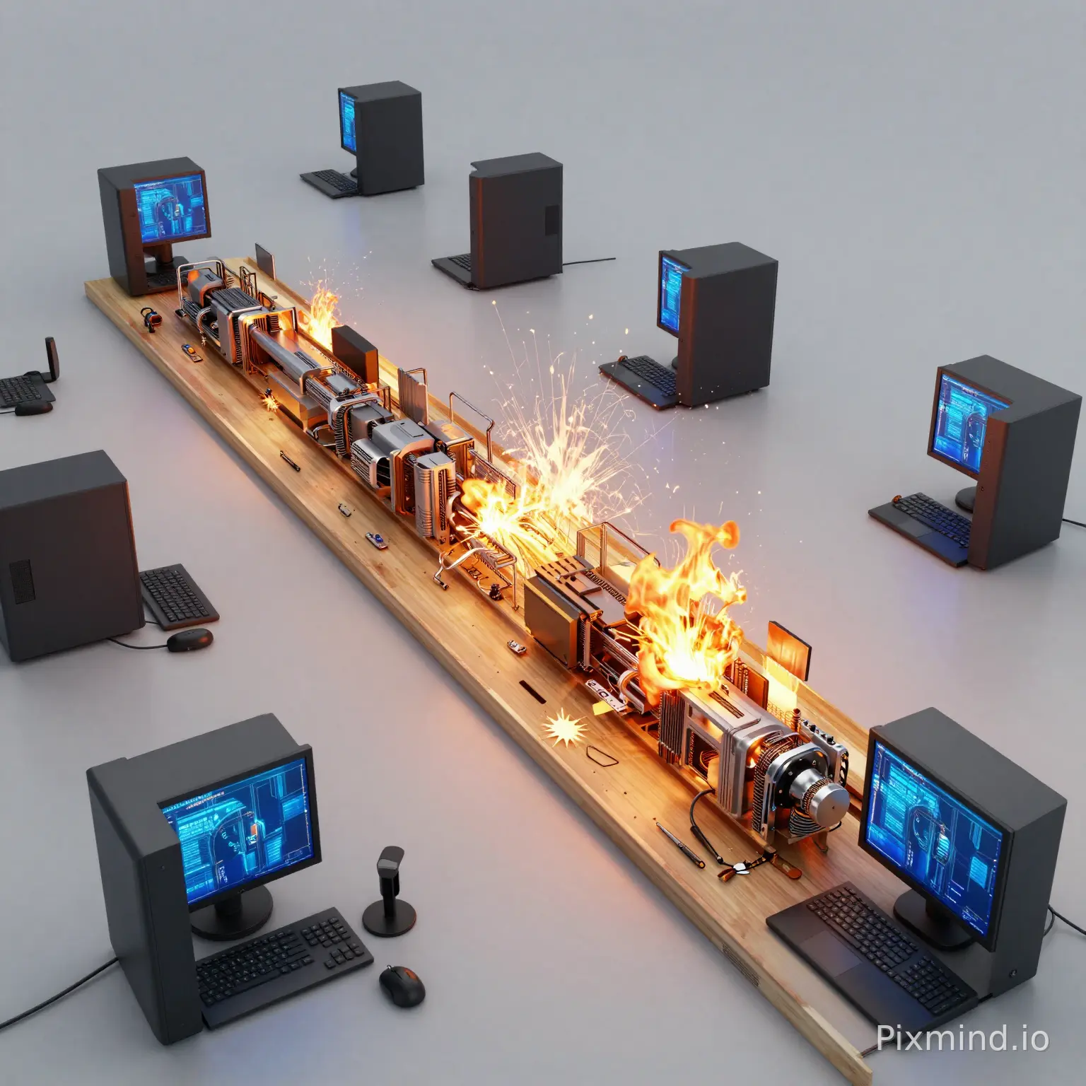 Tu que eres un experto en simulación y modelado 3D, Crea una secuencia de 10b imágenes en frames simulando una implosión desde adentro de una computadora muy lento donde se vean sus partes de la implosión lo mas realista posible.