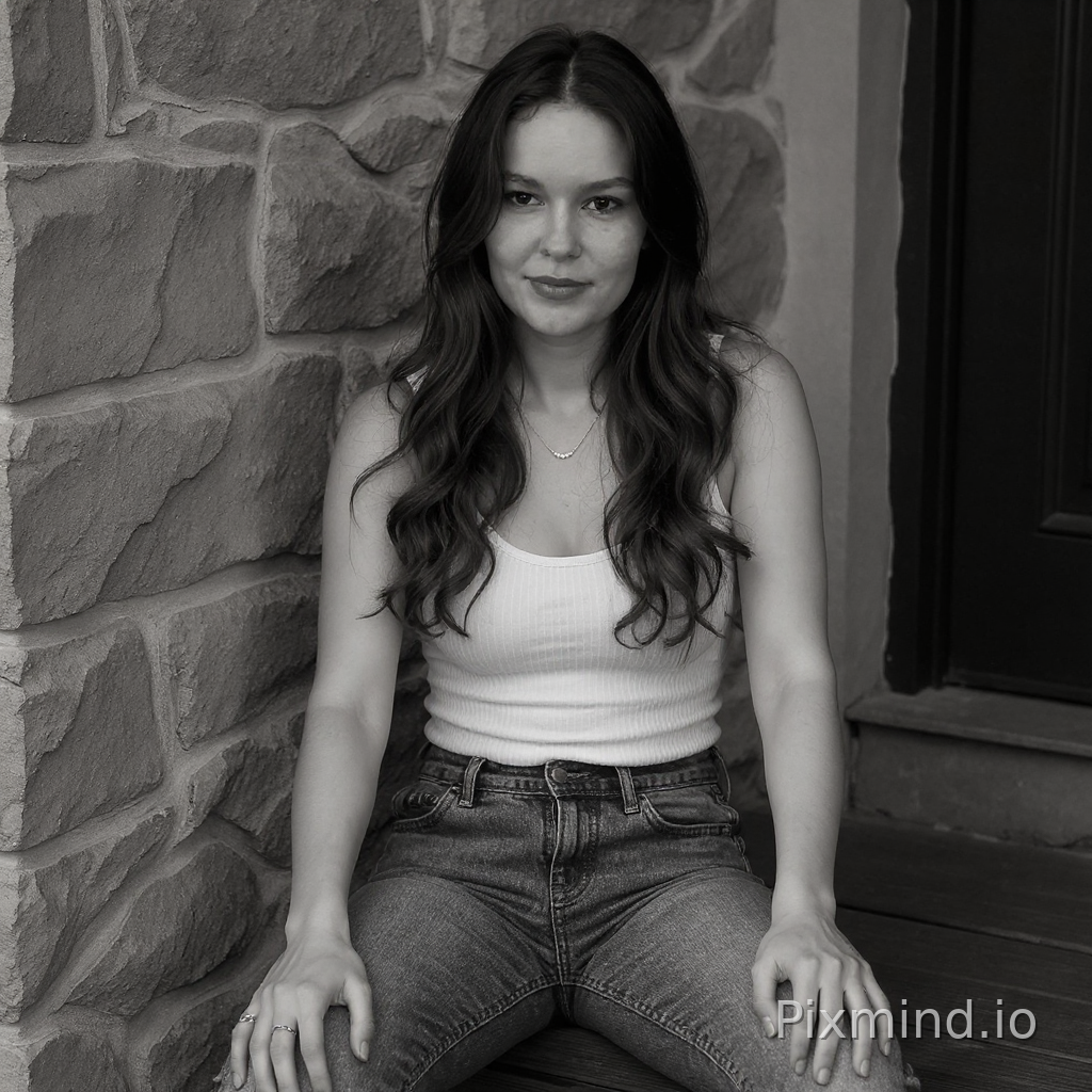 Using the uploaded reference image as the person's identity, create a photorealistic black-and-white editorial portrait. Preserve the exact facial features, face shape, skin texture, hairstyle characteristics, and overall identity from the reference image. The person is sitting casually on a wooden deck, leaning against a textured stone wall. Wearing a fitted white ribbed tank top and relaxed vintage blue jeans. One knee bent toward the camera, arms supporting the body against the ground, relaxed posture. Looking directly into the camera with a calm, natural, slightly contemplative expression. Natural outdoor lighting, soft shadows, rich grayscale tones, cinematic contrast, highly detailed stone texture, realistic skin details, fashion editorial photography, documentary style, 50mm lens, shallow depth of field, ultra realistic, authentic, professional photography, high detail, sharp eyes, fine art monochrome.
IMPORTANT: Keep the identity of the reference person unchanged. Only recreate the pose, clothing, environment, composition, lighting, and photographic style shown in the example image.