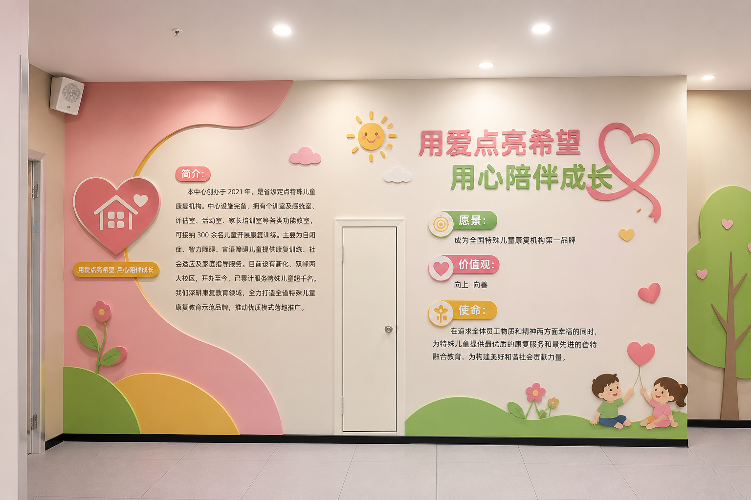 简介:本中心创办于 2021 年,是省级定点特殊儿童康复机构。中心设施完备,拥有个训室及感统室、评估室、活动室、家长培训室等各类功能教室,可接纳 300 余名儿童开展康复训练。主要为自闭症、智力障碍、言语障碍儿童提供康复训练、社会适应及家庭指导服务。目前设有新化、双峰两大校区,开办至今,已累计服务特殊儿童超千名。我们深耕康复教育领域,全力打造全省特殊儿童康复教育示范品牌,推动优质模式落地推广。 愿景:成为全国特殊儿童康复机构第一品牌 价值观:向上 向善 使命:在追求全体员工物质和精神两方面幸福的同时,为特殊儿童提供最优质的康复服务和最先进的普特融合教育,为构建美好和谐社会贡献力量。 设计一面文化墙效果图,增加一些辅助图形,色彩用粉红,绿色,黄色为主,温馨,明亮,简洁。 门保留,做成实景立体效果图,