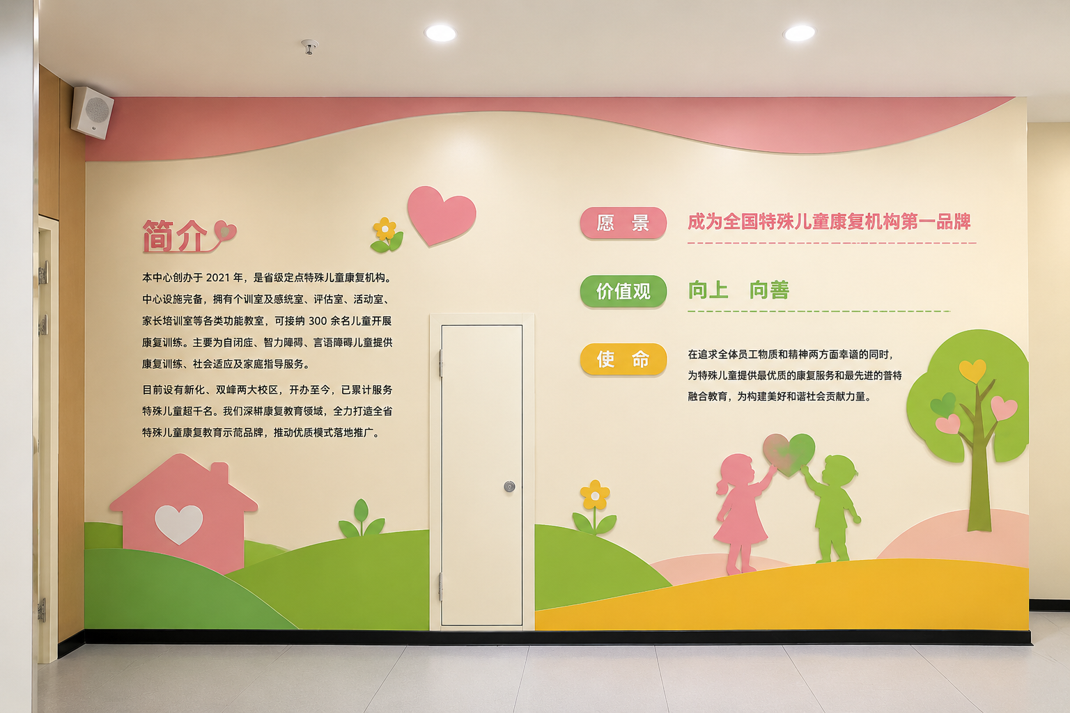 简介:本中心创办于 2021 年,是省级定点特殊儿童康复机构。中心设施完备,拥有个训室及感统室、评估室、活动室、家长培训室等各类功能教室,可接纳 300 余名儿童开展康复训练。主要为自闭症、智力障碍、言语障碍儿童提供康复训练、社会适应及家庭指导服务。目前设有新化、双峰两大校区,开办至今,已累计服务特殊儿童超千名。我们深耕康复教育领域,全力打造全省特殊儿童康复教育示范品牌,推动优质模式落地推广。 愿景:成为全国特殊儿童康复机构第一品牌 价值观:向上 向善 使命:在追求全体员工物质和精神两方面幸福的同时,为特殊儿童提供最优质的康复服务和最先进的普特融合教育,为构建美好和谐社会贡献力量。 设计一面文化墙效果图,增加一些辅助图形,色彩用粉红,绿色,黄色为主,温馨,明亮,简洁。 门保留,做成实景立体效果图,