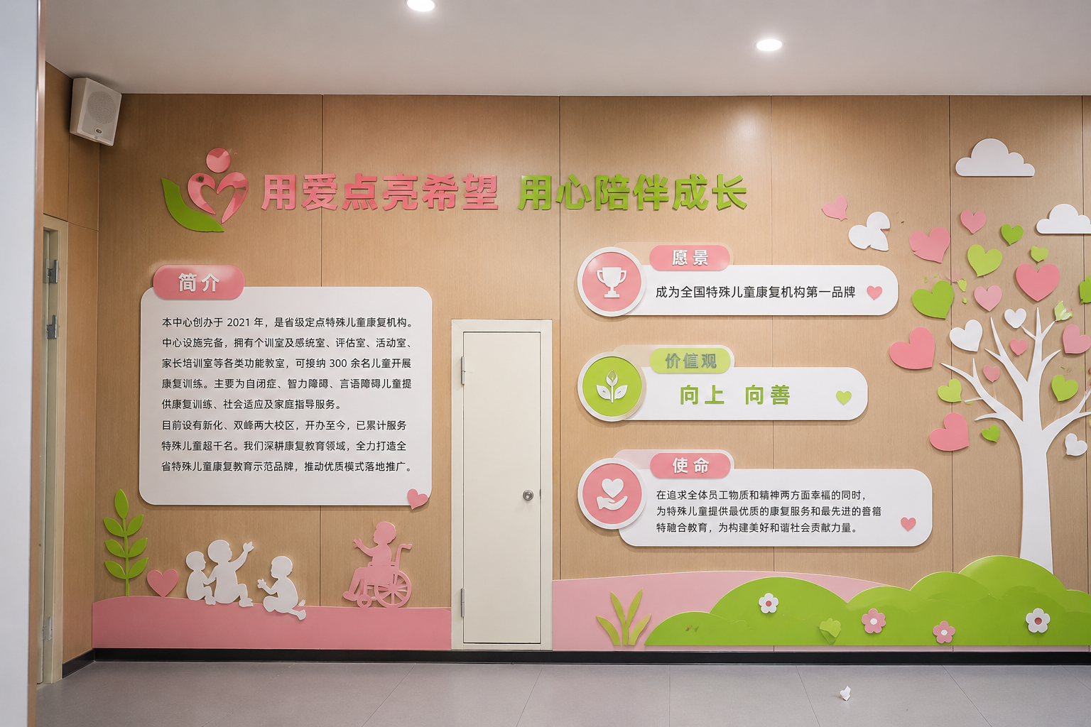 简介:本中心创办于 2021 年,是省级定点特殊儿童康复机构。中心设施完备,拥有个训室及感统室、评估室、活动室、家长培训室等各类功能教室,可接纳 300 余名儿童开展康复训练。主要为自闭症、智力障碍、言语障碍儿童提供康复训练、社会适应及家庭指导服务。目前设有新化、双峰两大校区,开办至今,已累计服务特殊儿童超千名。我们深耕康复教育领域,全力打造全省特殊儿童康复教育示范品牌,推动优质模式落地推广。 愿景:成为全国特殊儿童康复机构第一品牌 价值观:向上 向善 使命:在追求全体员工物质和精神两方面幸福的同时,为特殊儿童提供最优质的康复服务和最先进的普特融合教育,为构建美好和谐社会贡献力量。 设计一面文化墙效果图,增加一些辅助图形,色彩用粉红,绿色,白色为主,温馨,明亮,简洁。 门保留,做成实景立体效果图,墙面木质底色不变。