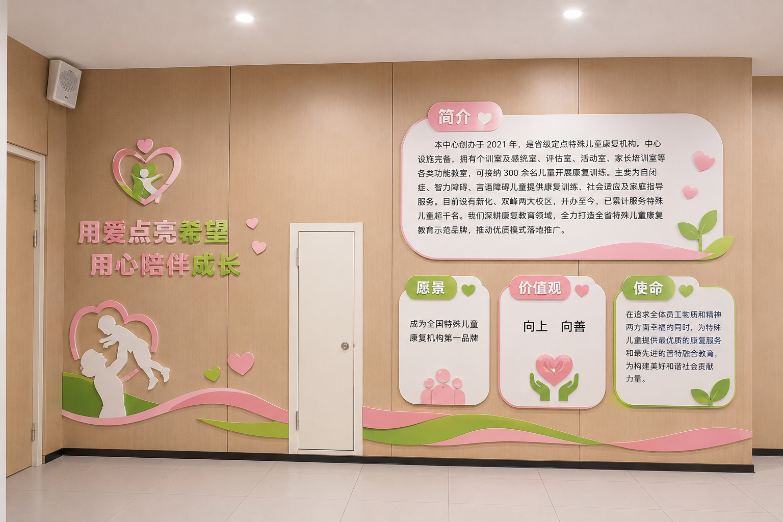 简介:本中心创办于 2021 年,是省级定点特殊儿童康复机构。中心设施完备,拥有个训室及感统室、评估室、活动室、家长培训室等各类功能教室,可接纳 300 余名儿童开展康复训练。主要为自闭症、智力障碍、言语障碍儿童提供康复训练、社会适应及家庭指导服务。目前设有新化、双峰两大校区,开办至今,已累计服务特殊儿童超千名。我们深耕康复教育领域,全力打造全省特殊儿童康复教育示范品牌,推动优质模式落地推广。 愿景:成为全国特殊儿童康复机构第一品牌 价值观:向上 向善 使命:在追求全体员工物质和精神两方面幸福的同时,为特殊儿童提供最优质的康复服务和最先进的普特融合教育,为构建美好和谐社会贡献力量。 设计一面文化墙效果图,增加一些辅助图形,色彩用粉红,绿色,白色为主,温馨,明亮,简洁。 门保留,做成实景立体效果图,墙面木质底色不变。