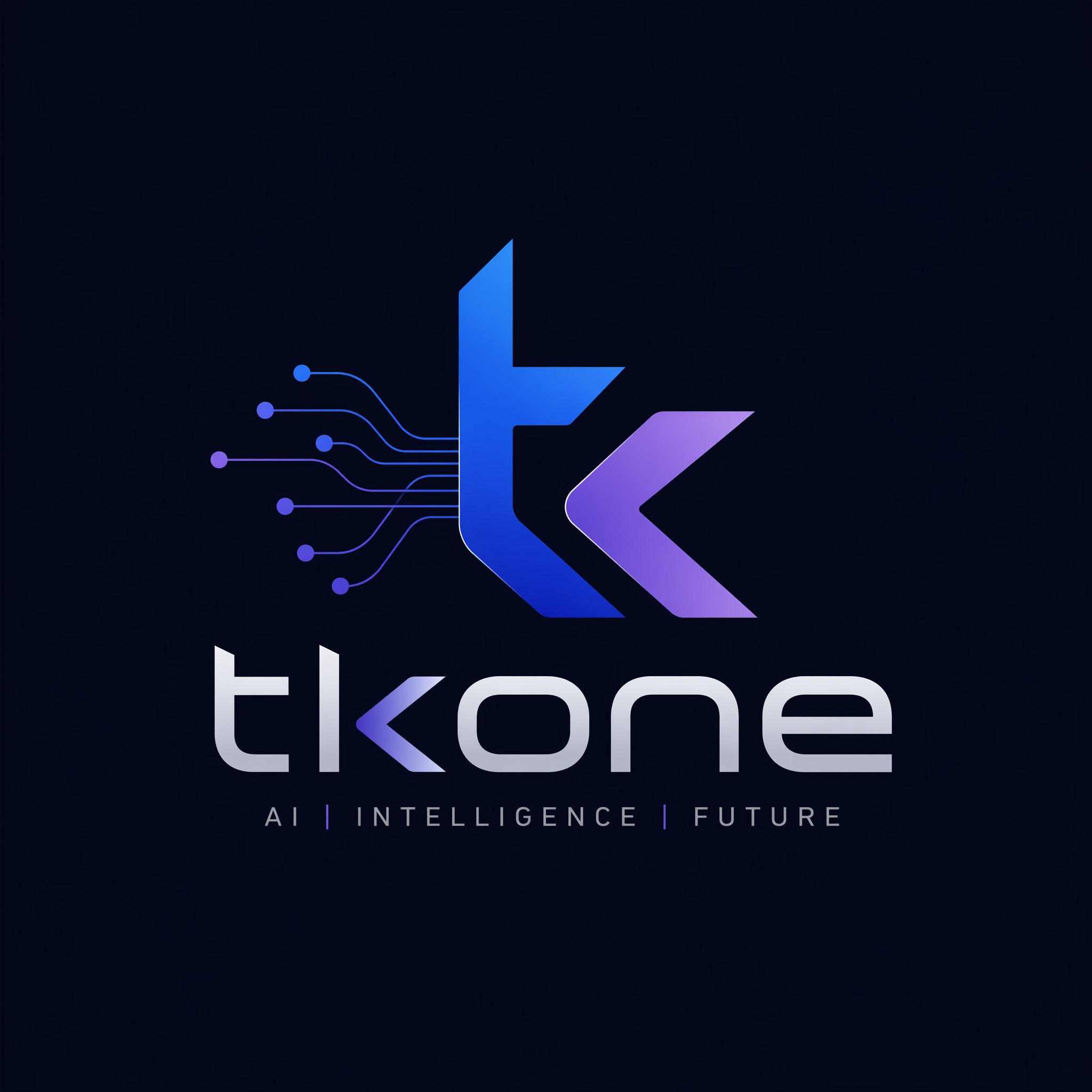 A minimalist and modern logo design for 'tkone', an AI product. The logo should convey intelligence and a strong sense of technology. It features clean lines, geometric shapes, and a futuristic aesthetic. Incorporate abstract AI elements such as neural networks, data connections, or stylized circuitry. The 'tkone' wordmark should be sleek and integrated. Use a color palette of deep blues, electric purples, and subtle silver or white accents. Simple, iconic, and scalable.