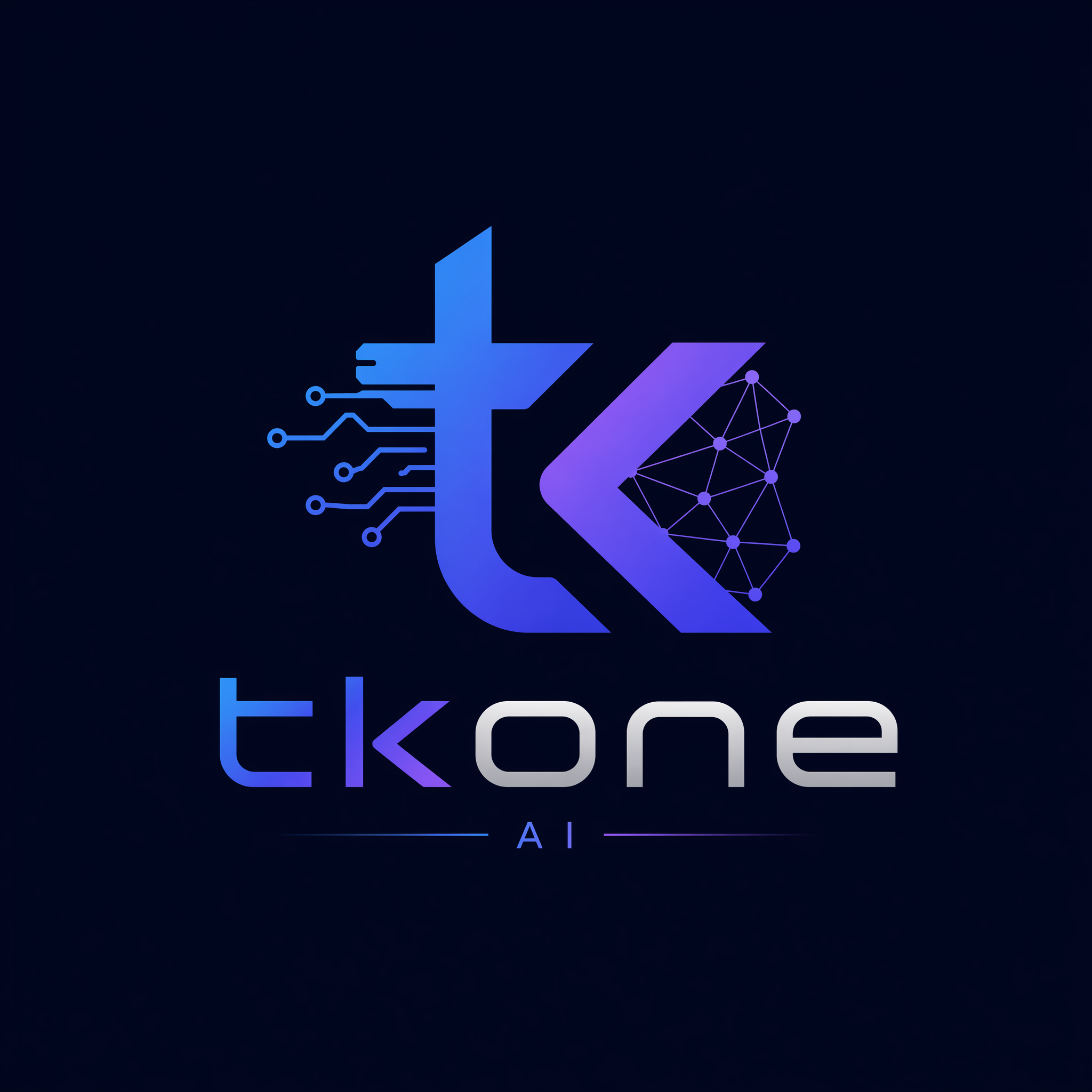 A minimalist and modern logo design for 'tkone', an AI product. The logo should convey intelligence and a strong sense of technology. It features clean lines, geometric shapes, and a futuristic aesthetic. Incorporate abstract AI elements such as neural networks, data connections, or stylized circuitry. The 'tkone' wordmark should be sleek and integrated. Use a color palette of deep blues, electric purples, and subtle silver or white accents. Simple, iconic, and scalable.
