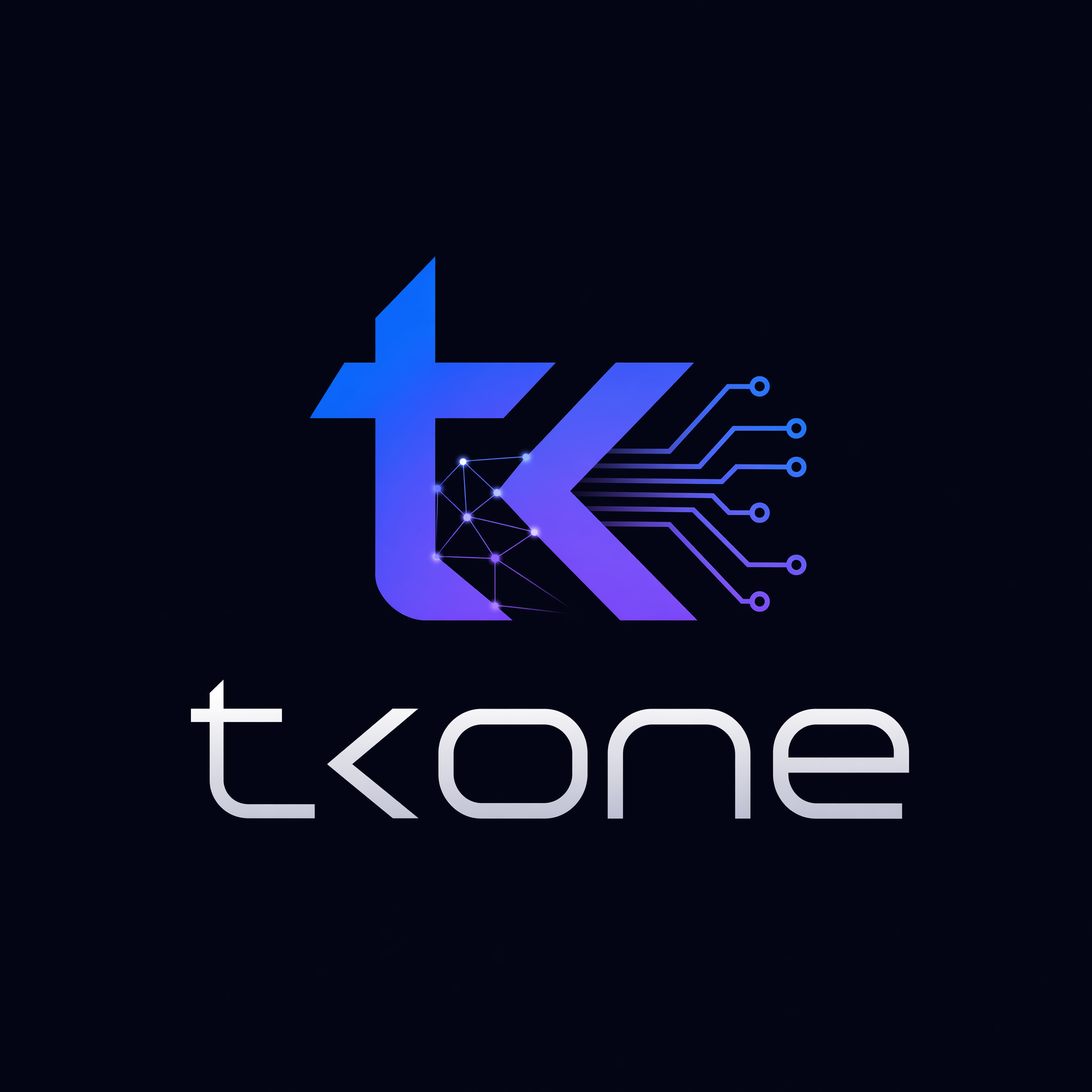 A minimalist and modern logo design for 'tkone', an AI product. The logo should convey intelligence and a strong sense of technology. It features clean lines, geometric shapes, and a futuristic aesthetic. Incorporate abstract AI elements such as neural networks, data connections, or stylized circuitry. The 'tkone' wordmark should be sleek and integrated. Use a color palette of deep blues, electric purples, and subtle silver or white accents. Simple, iconic, and scalable.