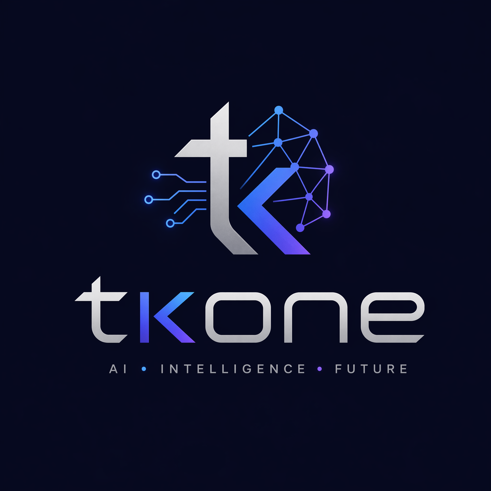 A minimalist and modern logo design for 'tkone', an AI product. The logo should convey intelligence and a strong sense of technology. It features clean lines, geometric shapes, and a futuristic aesthetic. Incorporate abstract AI elements such as neural networks, data connections, or stylized circuitry. The 'tkone' wordmark should be sleek and integrated. Use a color palette of deep blues, electric purples, and subtle silver or white accents. Simple, iconic, and scalable.