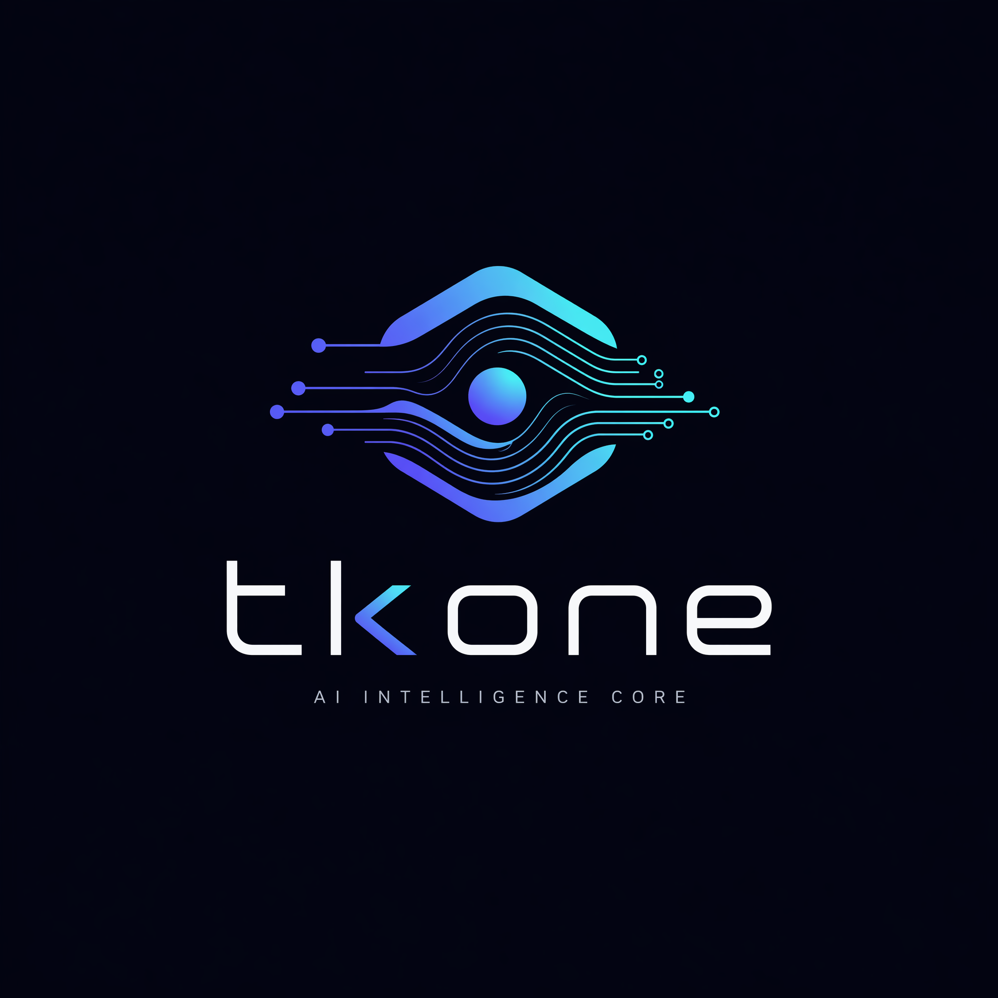 A minimalist, futuristic, and smart logo for 'tkone', an AI product. The design should explore highly abstract representations of an AI core or intelligent processing, using clean geometric shapes, flowing lines, and subtle gradients. Concepts should include: 1) an abstract emblem hinting at a 'thinking' or 'processing' core, 2) dynamic and interconnected elements symbolizing data flow and learning, and 3) 'tkone' typography creatively integrated with an abstract tech symbol. The aesthetic must be sleek, modern, professional, and emphasize innovation. High resolution, 4K quality, professional design.