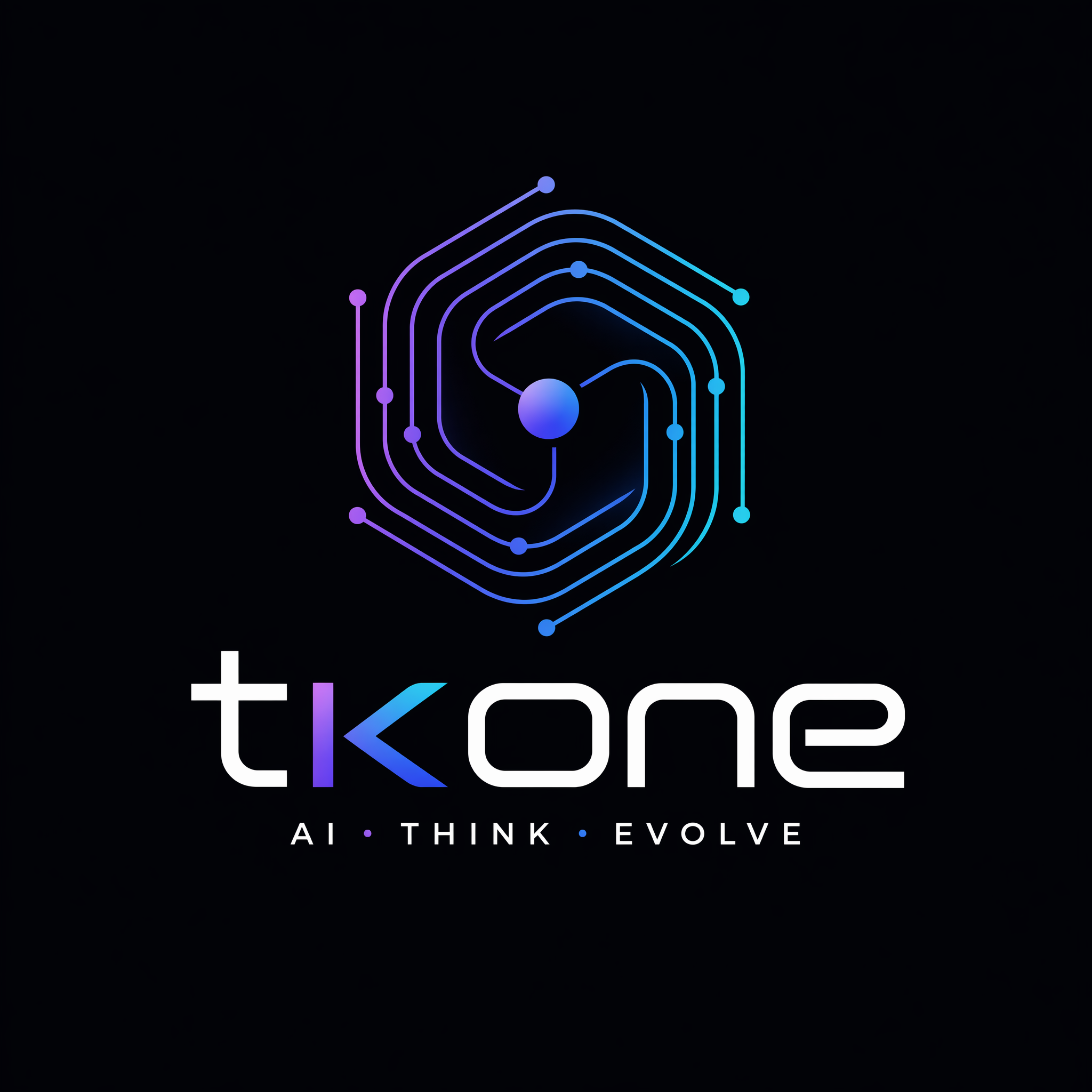 A minimalist, futuristic, and smart logo for 'tkone', an AI product. The design should explore highly abstract representations of an AI core or intelligent processing, using clean geometric shapes, flowing lines, and subtle gradients. Concepts should include: 1) an abstract emblem hinting at a 'thinking' or 'processing' core, 2) dynamic and interconnected elements symbolizing data flow and learning, and 3) 'tkone' typography creatively integrated with an abstract tech symbol. The aesthetic must be sleek, modern, professional, and emphasize innovation. High resolution, 4K quality, professional design.