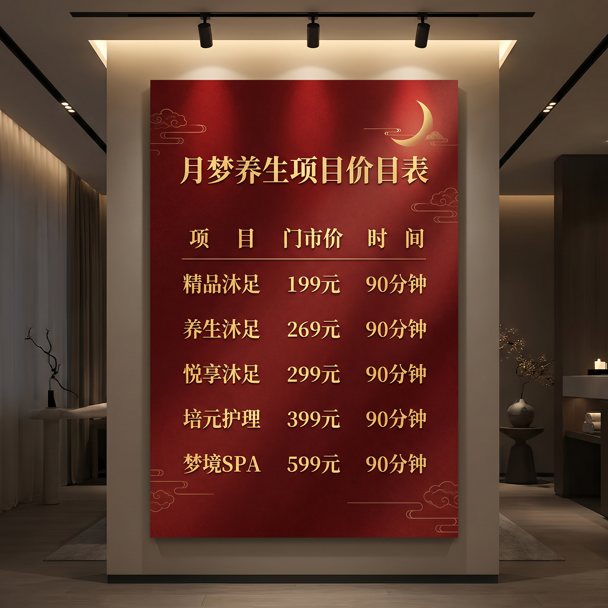 月梦养生项目价目表
项 目 门市价 时 间
精品沐足 199元 90分钟
养生沐足 269元 90分钟
悦享沐足 299元 90分钟
培元护理 399元 90分钟
梦境SPA 599元 90分钟
成品图为一张红色背景40X60CM竖版高清的图