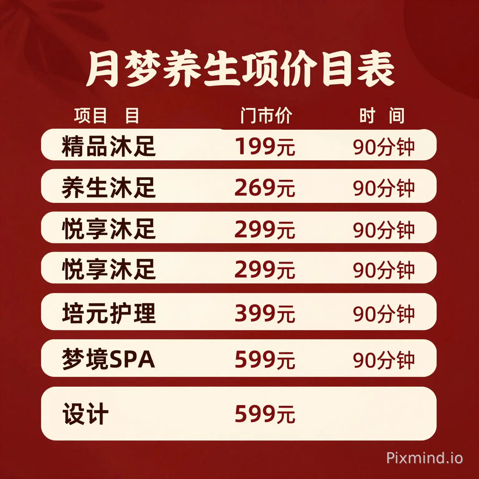 月梦养生项目价目表
项 目 门市价 时 间
精品沐足 199元 90分钟
养生沐足 269元 90分钟
悦享沐足 299元 90分钟
培元护理 399元 90分钟
梦境SPA 599元 90分钟
设计成一张红色背景40X60CM竖版高清的图