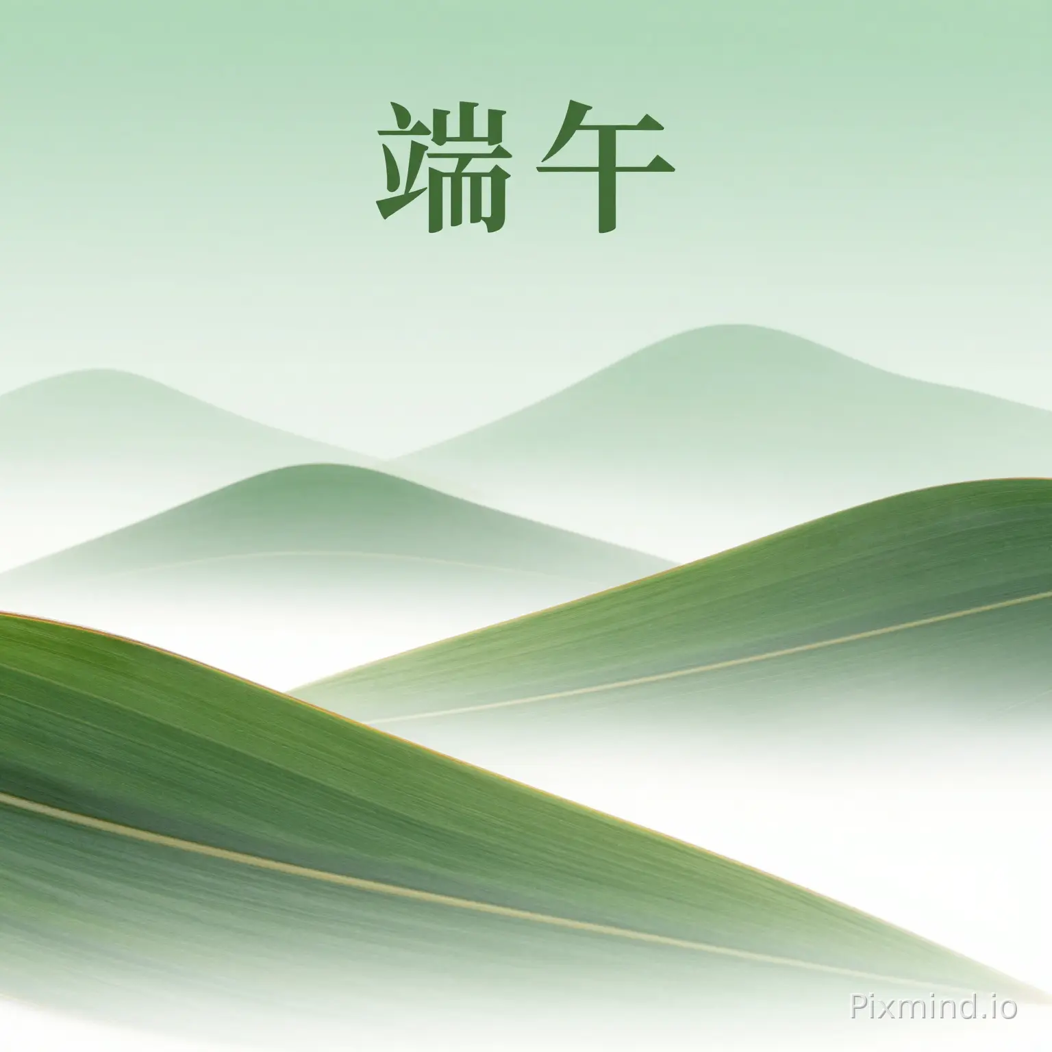 端午时节海报,极简主义,优雅、清新、祝福、愉快风格、大片层层交叠粽叶构图,形似山峦起伏、绿白色渐变色调、极致细腻纹理、自然柔和光影、禅意氛围、静谧诗意、背景绿白渐变色、低饱和度,不固定构图,符合东方美学,大师作品。