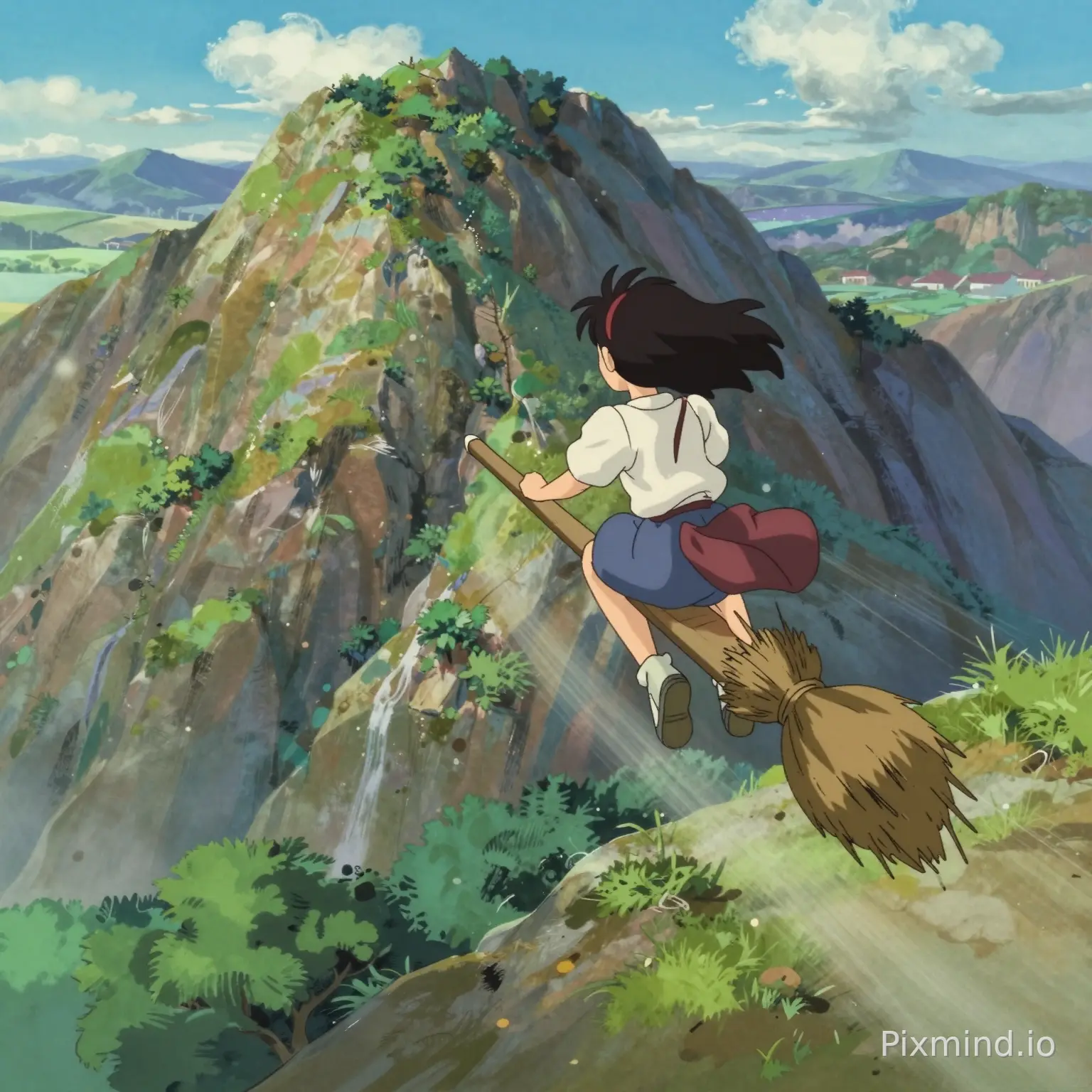 一座高山,动漫风格的背景风景,一个女孩骑着魔法扫把,沿山上往山下低空飞行,速度很快。视角是女孩的背后。采用赛璐璐着色技术的鲜艳色彩,色彩饱和。详细的自然景观。戏剧性的光线和大气透视。清晰的线条勾勒出物体。微妙的纹理增加深度。整体构图灵感来自经典动漫美学。生成图片