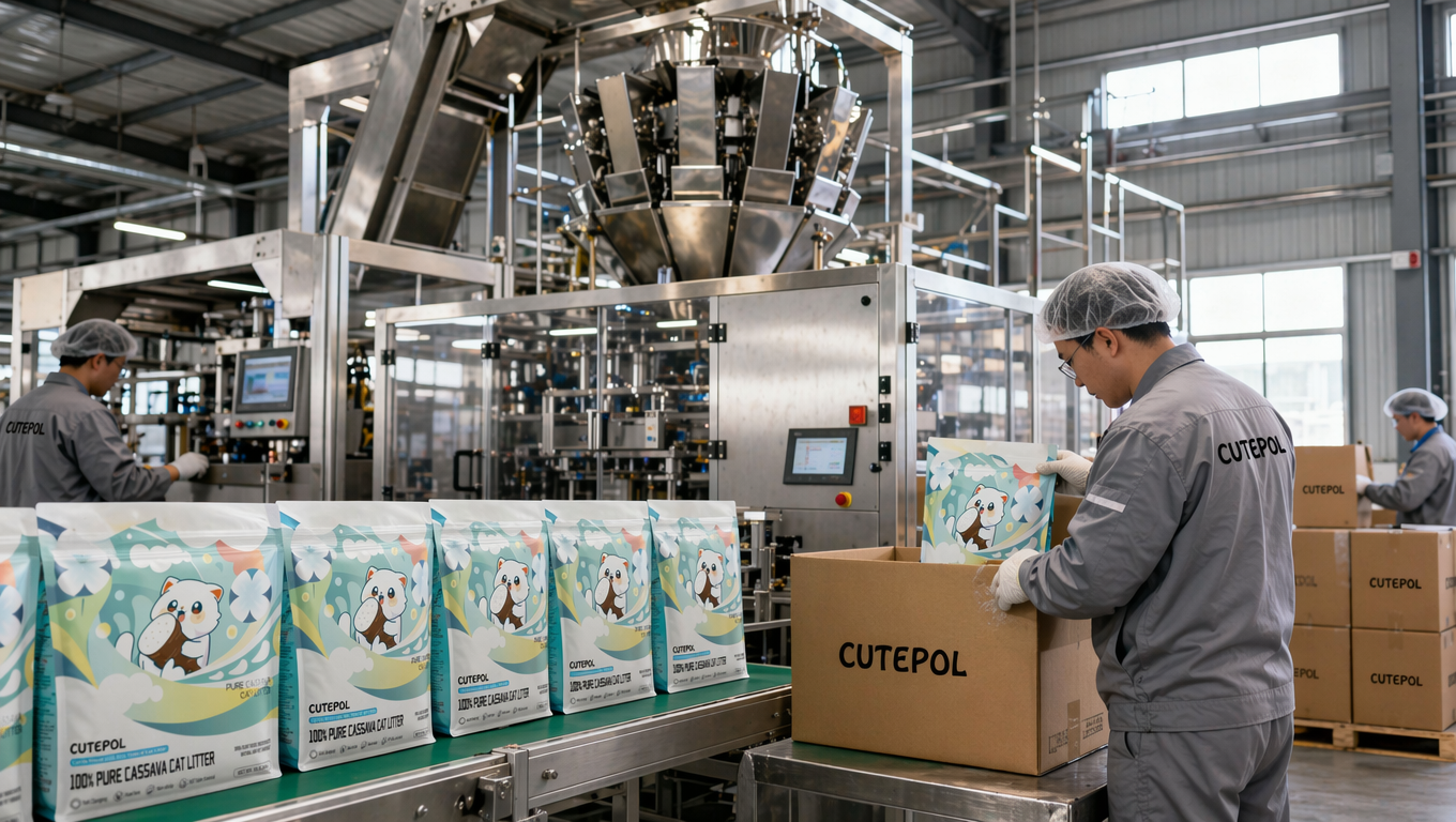 现代化宠物用品工厂包装生产线场景,工人身着工装,正将 CUTEPOL 猫砂袋(参考图1)装入带有参考图2logo的纸箱。前景为绿色传送带,传送带上排列着猫砂包装袋(参考图1);背景是大型不锈钢自动包装机,带透明护栏与多通道称重装置,厂房为挑高钢结构,右侧有大窗户透入自然光,整体色调为工业银灰、写实纪实风格,平视视角,捕捉流水线作业的动态瞬间,画面干净清晰,还原真实生产环境。