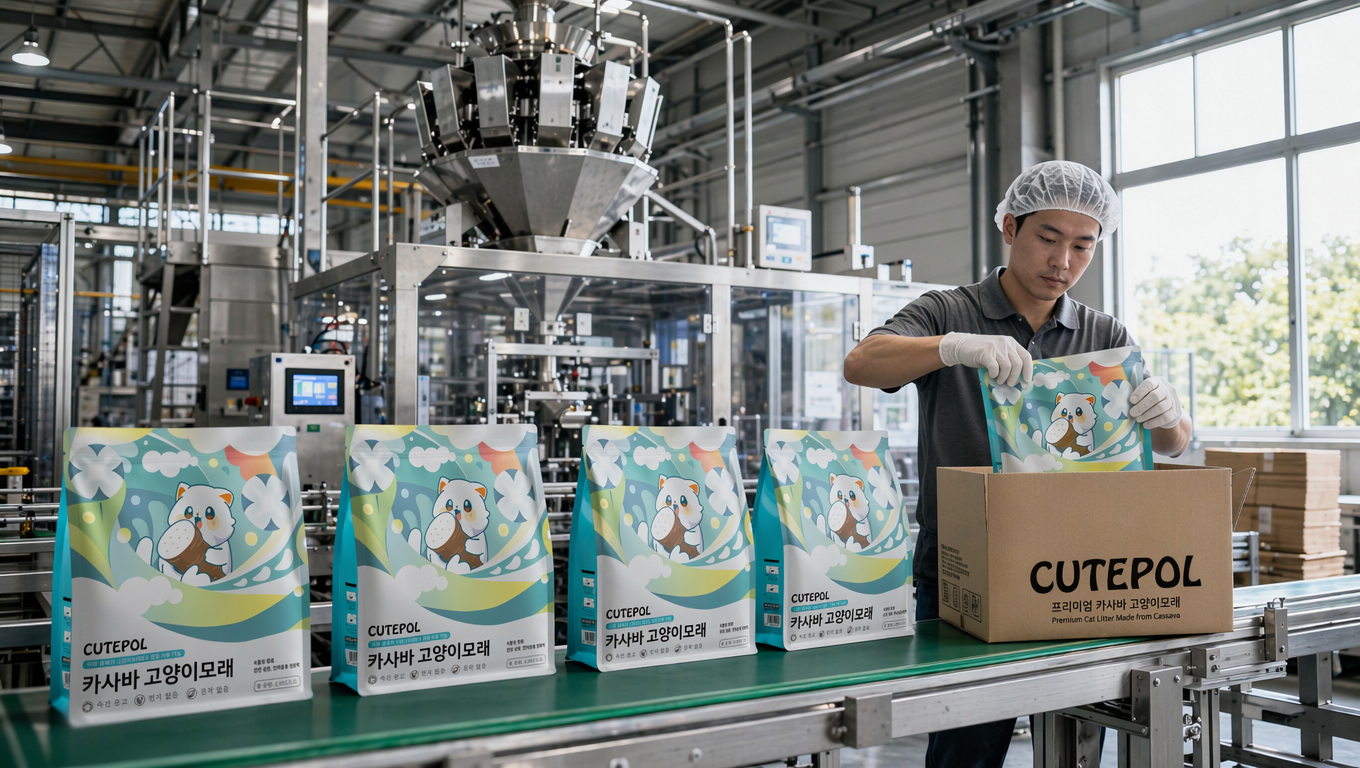 远景拍摄,现代化宠物用品工厂包装生产线场景,工人身着工装,正将 CUTEPOL 猫砂袋(参考图1)装入带有参考图3logo的纸箱。前景为绿色传送带,传送带上排列着猫砂包装袋(参考图2);背景是大型不锈钢自动包装机,带透明护栏与多通道称重装置,厂房为挑高钢结构,右侧有大窗户透入自然光,整体色调为工业银灰、写实纪实风格,平视视角,捕捉流水线作业的动态瞬间,画面干净清晰,保持包装不变形,还原真实生产环境。