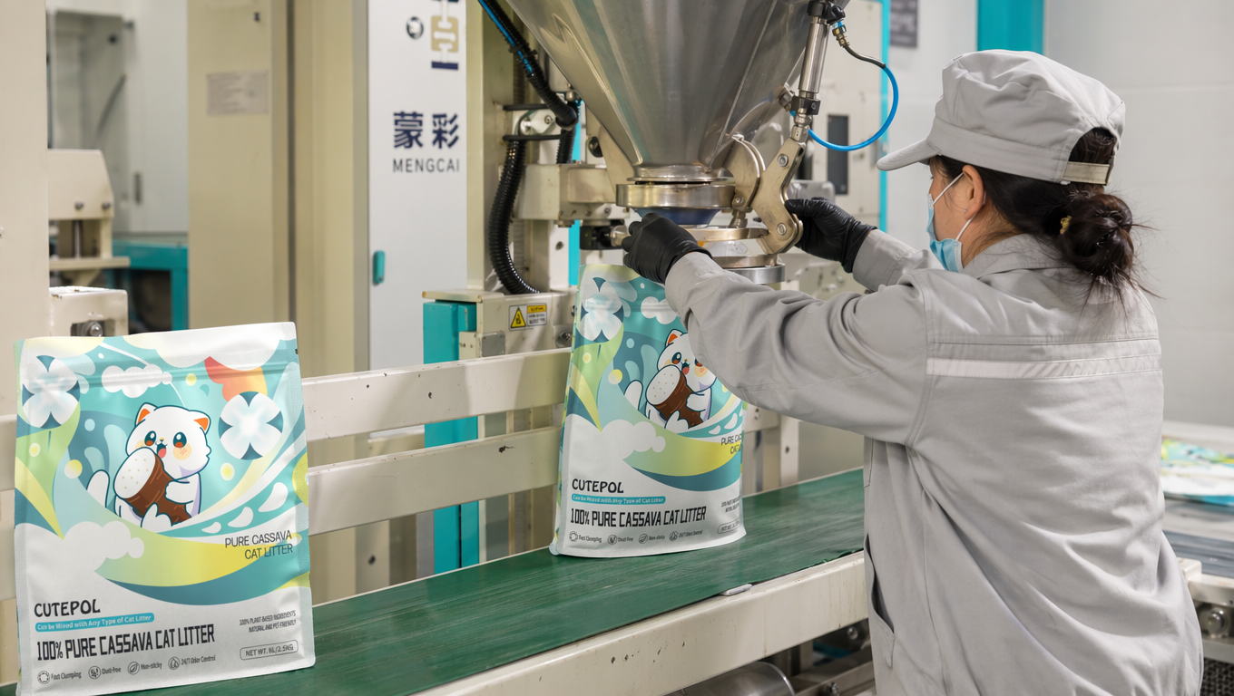 现代化宠物用品工厂包装车间场景(参考图2),身穿灰色工装、戴帽子口罩和黑手套的女工人,正在操作立式包装机,将物料灌入猫砂袋(参考图1)中。绿色传送带上放着猫砂袋(参考图1),背景为银白与青绿色的工业设备和厂房墙面,侧后方视角,自然暖光照明,写实纪实风格,捕捉灌装作业的动态瞬间,画面真实自然,还原生产现场。