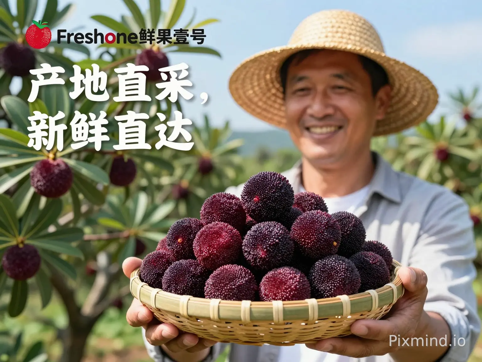 第一张电商农产品主图,参考第一张参考图,写实明亮风格,画面主体为戴草帽的果农,双手捧着装满仙居小黑炭杨梅的竹篮,杨梅深紫饱满、颗粒分明;背景是结满深紫色果的杨梅林与晴朗蓝天,光线自然柔和,营造丰收鲜活氛围;构图居中突出,左上角添加logo“Freshone鲜果壹号”,图上放文字“产地直采,新鲜直达”,其他不要,字体可以稍微夸张些,色彩以杨梅深紫、翠绿枝叶为主,整体真实亲切,突出产地直供的新鲜感。