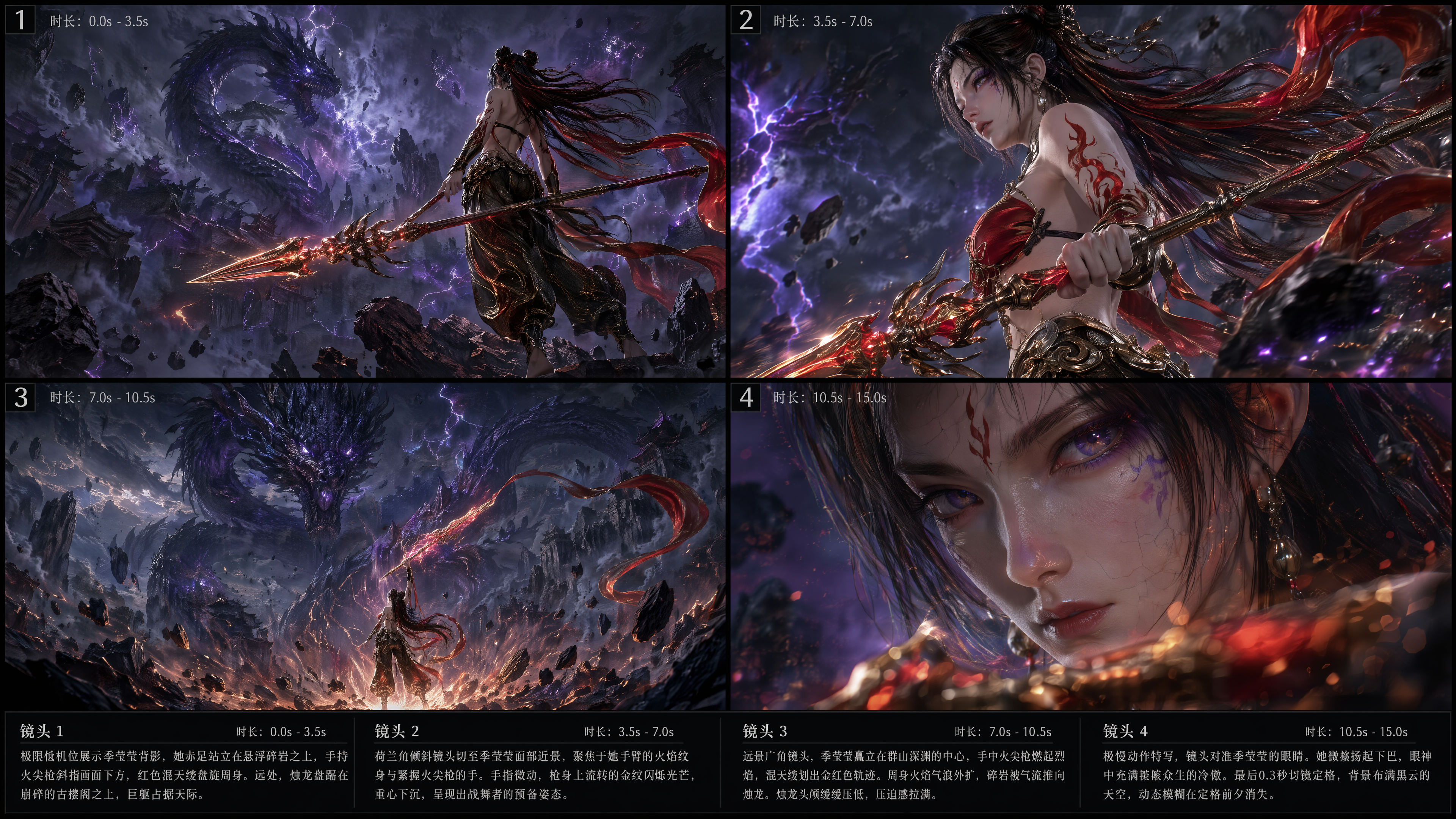 ### Style* **Visual Texture:** 超写实游戏CG风格,8K分辨率,皮肤细腻纹理,金属材质如火尖枪呈现出古老锻造的磨损与流光,混天绫呈现丝绸与流体火焰的混合质感。
* **Lighting Quality:** 电影级强对比度照明,紫色雷暴作为环境主光源,季莹莹周身带有炽热的金色边缘光(Rim Lighting)。
* **Color Palette:** 深邃的“黑曜石”黑与“雷暴紫”为主色调,点缀极具视觉冲击力的“熔岩红”与“耀眼金”。
* **Atmosphere:** 窒息的史诗感,压迫感极强,充满古神博弈的神秘与爆发前夕的静谧。
### Cinematography*
**Camera:** 荷兰角倾斜构图,低机位向上仰拍增强季莹莹的统治力。包含快速的推轨跟踪与瞬间的慢动作定格。
* **Lens:** 35mm广角镜头,强透视感,背景虚化程度极低以展现“群山深渊”的宏大尺度。
* **Lighting:** 侧逆光为主,强调角色轮廓。
* **Mood:** 睥睨众生,紧张,高能。
---
### Scene Breakdown
**Scene 1 (0.0s - 3.5s):**镜头以极限低机位展示“季莹莹”的背影,她赤足站立在悬浮的“碎岩”之上,手持“火尖枪”斜指画面下方,红色“混天绫”如同有生命般盘旋在周身。远景处,“烛龙”盘踞在崩碎的“古楼阁”之上,巨大的躯体占据天际。
* **Actions:** “季莹莹”长发随强风飘动,“混天绫”末端轻触火尖枪金属表面。环境中的紫色闪电撕裂乌云。
* **Space Relation:** 季莹莹位于画面右下前景,烛龙位于画面左上背景,形成对角线强力对抗构图。季莹莹面向烛龙,视线投向烛龙巨大的瞳孔。
* **Dialogue:** None*
**Background Sound:** 沉闷的雷鸣声,岩石崩塌声,混天绫飘动的细微丝绸摩擦声。
* **Transition:** 镜头快速向上甩动,平滑接入下一分镜。
**Scene 2 (3.5s - 7.0s):**荷兰角倾斜镜头切换至季莹莹面部的近景,构图极度倾斜。镜头聚焦于她手臂的“火焰纹身”与紧握“火尖枪”的手。
* **Actions:** “季莹莹”的手指微动,枪身上流转的金纹闪烁光芒,身体重心下沉,呈现出战舞者的预备姿态。周围的“能量裂隙”产生引力,尘埃围绕她旋转。
* **Space Relation:** 季莹莹处于绝对压制的主动站位,与盘踞的烛龙形成空间镜像。季莹莹面朝左侧,视线锁定烛龙,镜头聚焦于其坚毅的侧颜轮廓。
* **Dialogue:** None* **Background Sound:** 低频震动音(Sub-bass),风声呼啸,金属共鸣声。
* **Transition:** 极速平移镜头,模拟摄像机被气流冲击的质感,接入下一分镜。
**Scene 3 (7.0s - 10.5s):**远景广角镜头,视角极度透视。季莹莹如同蝼蚁般矗立在“群山深渊”的中心,手中的“火尖枪”燃起烈焰,长长的“混天绫”在空中划出一道金红色的轨迹。
* **Actions:** 季莹莹周身的火焰气浪猛然外扩,周围的“碎岩”被气流推向“烛龙”。烛龙庞大的头颅缓缓压低,压迫感拉满。
* **Space Relation:** 锁死季莹莹与烛龙的空间轴心,季莹莹的视线与烛龙的注视在虚空中交汇,产生强烈的视觉张力。季莹莹朝向正前方,镜头对准她的背部侧影。
* **Dialogue:** None* **Background Sound:** 烈焰喷薄声,大气被撕裂的轰鸣。
* **Transition:** 镜头快速推近,进入特写视角,模糊转场至最终定格。
**Scene 4 (10.5s - 15.0s):**极慢动作特写,镜头对准“季莹莹”的眼睛。她微微扬起下巴,眼神中充满睥睨众生的冷傲。最后0.3秒切镜定格,背景布满黑云的天空,动态模糊在定格前夕消失。
* **Actions:** 定格瞬间,周围一切环境音消失。
* **Space Relation:** 季莹莹在定格画面中实。
* **Dialogue:** None*
**Background Sound:** 环境声彻底归于寂静,留下最后0.3秒的耳鸣声。
* **Transition:** 画面黑屏结束。
---
### 极致细节强约束负面词
(负面词:模糊画面,低清,非写实纹理,色彩平庸,构图平庸,无动态,无气势,缺乏电影感,灯光单一,人物面部特征崩坏,场景比例错误,缺乏景深感,动作僵硬,透视平淡,水平构图,没有荷兰角,缺乏紧张氛围,主体与武器脱节,环境没有交互,光影平滑,缺乏艺术张力。)
根据上面的视频提示词帮我生成分镜故事板图片画面,图一为火尖枪参考图,图二为季莹莹参考图,图三为混天绫参考图,图四为烛龙参考图也可以作为场景基调参考图。生成的图片一定不要有人物穿模和武器穿模。禁止人物和武器变形扭曲。还要成约束人物拿火尖枪的手是同一只手。