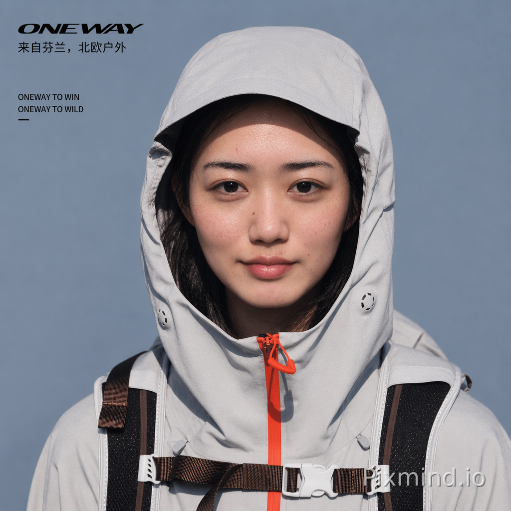保持当前 ONEWAY 户外广告构图、灰白色冲锋衣、品牌文字、光影和肤质不变。
面部五官继续参考第三张自拍照片:
脸型比当前版本更圆润 10%-15%,减少过窄的下颌线;
苹果肌更饱满;
面颊更有肉感,但不要婴儿肥;
保留真实东方女性骨相;
眼睛、鼻子、嘴巴维持第三张照片特征;
肤质参考原始广告模特:自然光泽感、细小雀斑、真实毛孔;
保持高级户外品牌广告质感;
不要网红磨皮,不要 AI 假脸,不要过度锐化。