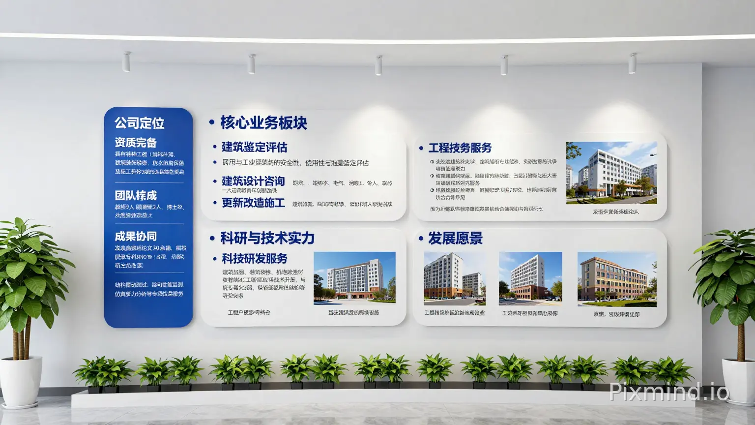 我想要做一面企业文化墙,亚克力材质弧面的墙,内容如下:
公司定位
西安建科更新改造工程有限公司是一家以技术驱动、产学研深度融合为核心竞争力的高新技术企业。我们定位于建筑更新改造领域的综合服务者,依托西安建筑科技大学的科研实力与自身扎实的工程实践,为既有建筑提供从鉴定评估、设计咨询、施工改造、科技研发的全链条专业服务。
我们以解决建筑安全问题、提升建筑性能与价值为使命,致力于通过高效的技术方案和可靠的项目实施,成为客户在结构加固、功能改造与性能升级领域最值得信赖的合作伙伴。
核心业务板块
公司主营业务覆盖以下五大板块,形成完整服务链:
• 建筑鉴定评估
民用与工业建筑的安全性、使用性与抗震鉴定评估
• 建筑设计咨询
建筑、结构、给排水、电气、消防、装饰装修、工程造价等全过程设计与咨询
• 更新改造施工
建筑加固、装饰装修、机电改造、园林景观、防水防腐保温等专业施工
• 科技研发服务
科技成果转化、新型加固材料研发、智能化工程运维技术开发、试验研究服务
• 工程技术服务
结构振动测试、结构性能监测、仿真受力分析等专项技术服务
资质与专业团队
• 资质完备:拥有特种工程(结构补强)、建筑装饰装修、防水防腐保温及施工劳务等多项专业资质。
• 团队雄厚:汇集一级注册建筑师、一级注册结构工程师、一级建造师等高素质技术与管理人才。
• 校企协同:作为西安建筑科技大学建筑韧性与性能提升(改造)研究所的合作单位,实现产学研深度融合。
科研与技术实力
公司研发团队自2012年组建,具备扎实的科研基础与成果积累:
• 团队构成:教授3人、副教授2人、博士8人、硕士20余人,多人入选省级青年创新团队。
• 科研项目:参与国家自然科学基金、国家重点研发计划、陕西省杰出青年基金等各类科研项目20余项。
• 成果产出:发表高水平论文30余篇,授权国家专利30余项,出版专著2部,获省部级科技进步一等奖1项。
发展愿景
秉承“万象更新,诚正笃行”的经营理念,西安建科更新改造工程有限公司立志成为国内建筑更新改造领域的全链条服务引领者。未来,我们将持续深耕既有建筑改造与性能提升这一专业赛道,以科技创新为驱动,以人才团队为支撑,不断推动新材料、新技术、新工艺的研发与应用。我们致力于通过安全可靠、绿色低碳、经济合理的综合解决方案,助力城市更新与建筑可持续发展,为守护人居安全、提升建筑品质、贡献行业进步而不懈努力,打造以技术为核心、以品质树口碑、以服务创价值的行业标杆品牌