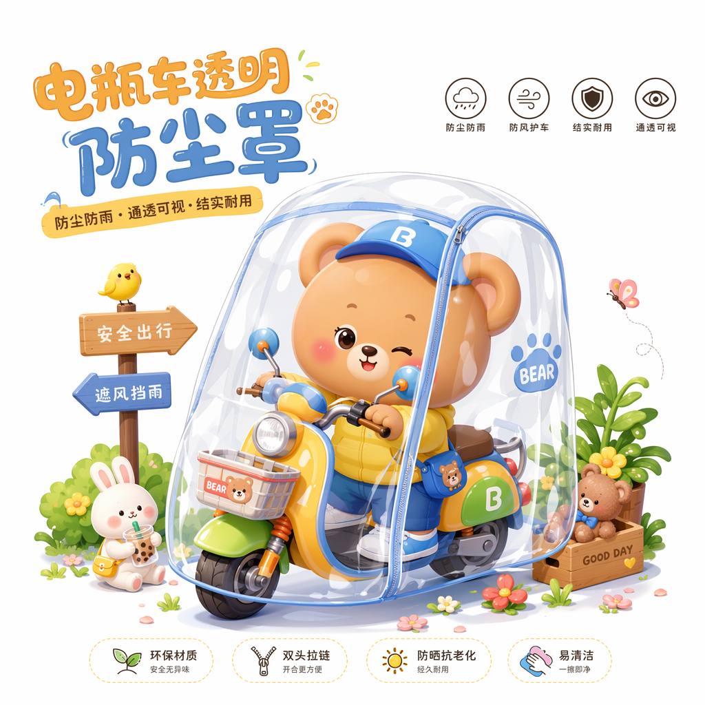 要生成一个产品的IP插画,图一是IP的全身形象,图二是汽车防尘罩的包装插画,图三是户外奶茶瓶包装的插画,现在要结合IP的互动,生成一款电瓶车的透明防尘罩,给出插画提示词,要注意保持IP小熊的身体比例,和参考图的比例一样,头部要大些,身体小一些,场景和小熊动作不能和汽车防尘罩一样,电瓶车可以可爱一些,变成彩色的,周围有其他元素搭配,场景丰富,精致,白色背景。