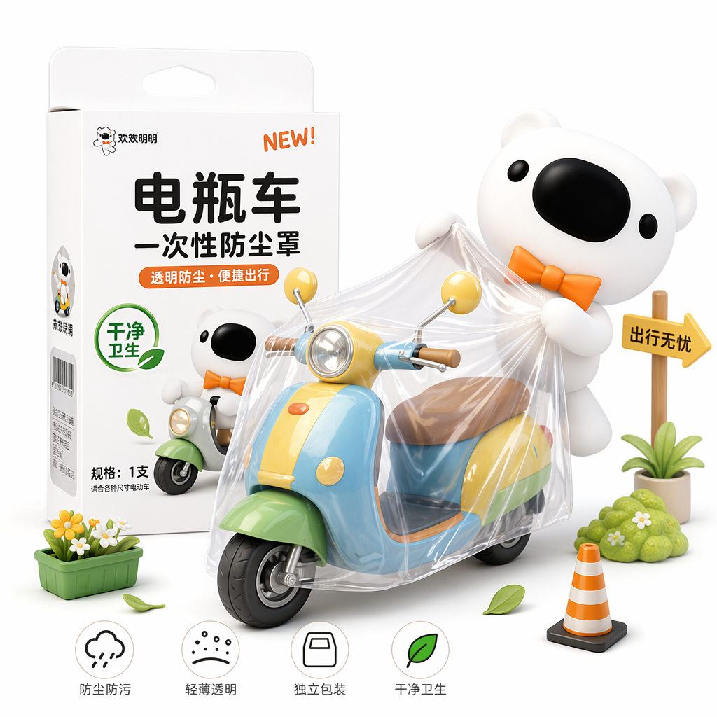 要生成一个产品的IP插画,图一是IP的全身形象,图二是汽车防尘罩的包装插画,图三是户外奶茶瓶包装的插画,现在要结合IP的互动,生成一款电瓶车的一次性透明防尘罩,给出插画提示词,要注意保持IP小熊的身体比例,和参考图的比例一样,头部要大些,身体小一些,场景和小熊动作不能和汽车防尘罩一样,电瓶车可以可爱一些,变成彩色的,周围有其他元素搭配,场景丰富,精致,白色背景。按照参考图的风格