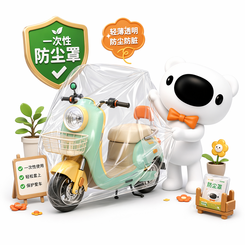要生成一个IP插画,图一是IP的全身形象,图二是汽车防尘罩的插画,图三是户外奶茶瓶包装的插画,现在要结合IP的互动,生成一款电瓶车的一次性透明防尘罩,给出插画提示词,要注意保持IP小熊的身体比例,和参考图的比例一样,头部要大些,身体小一些,场景和小熊动作不能和汽车防尘罩一样,电瓶车可以可爱一些,变成彩色的,周围有其他元素搭配,场景丰富,精致,白色背景。按照参考图的风格