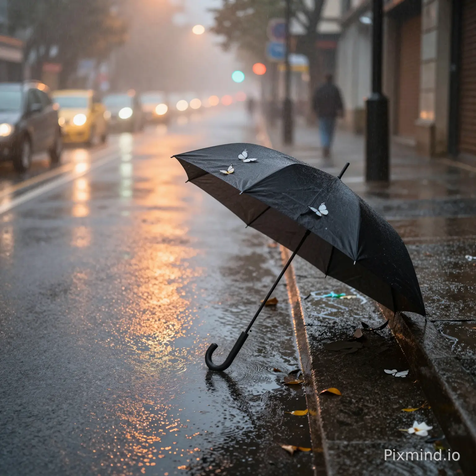 wide cinematic shot, wet dark asphalt road full of tiny rain ripples, gray stone step at lower right frame, 85cm long black folding umbrella leaning slant against step edge, palm-sized faint white butterfly prints on umbrella fabric, 3 butterflies scattered on canopy, 3-5mm deep puddle along step edge, fine vertical raindrops floating in misty air, distant blurred circular street lamp halos, out-of-focus cyan-yellow-red car light bokeh, damp cold atmospheric haze, extremely slow downward camera pan, subtle micro breathing shake, focus locked on umbrella, shallow bokeh background
反向:sunlight, warm orange tone, pedestrians, trash, graffiti, broken step, glowing umbrella, sharp clear car bodies, heavy thick fog blocking umbrella, large splashing water waves
旁白:那时候刚好下着雨,柏油路面湿冷冷的,还闪烁着青、黄、红的灯火。