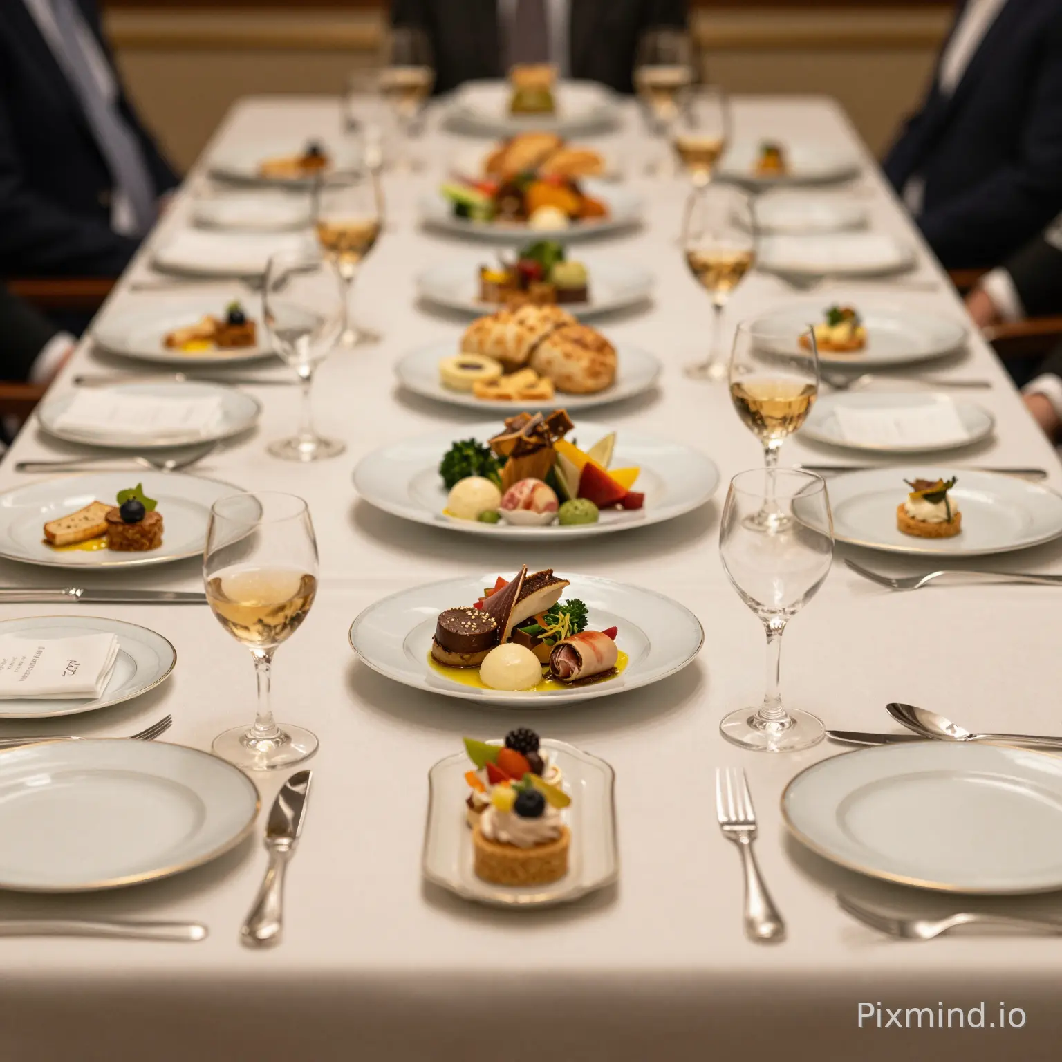 主图:高端商务会议风格:写实摄影 / 商业美食
比例:会议全景选 16:9,美食特写选 4:3 / 1:1
画质:优先选择高清 / 超清/台,精致中西融合餐点,冷盘、甜品、饮品、精致小食有序摆放,餐具采用高档骨瓷与银质器皿,桌面铺高级哑光桌布,整体整洁大气。暖调柔光,室内宴会厅环境,高清写实,细节丰富,专业美食摄影,8K 画质,构图居中,氛围正式典雅,商务轻奢风格,画面模糊、变形、餐具残缺、食物脏乱、水印、卡通、手绘、低画质、多余人物、杂物