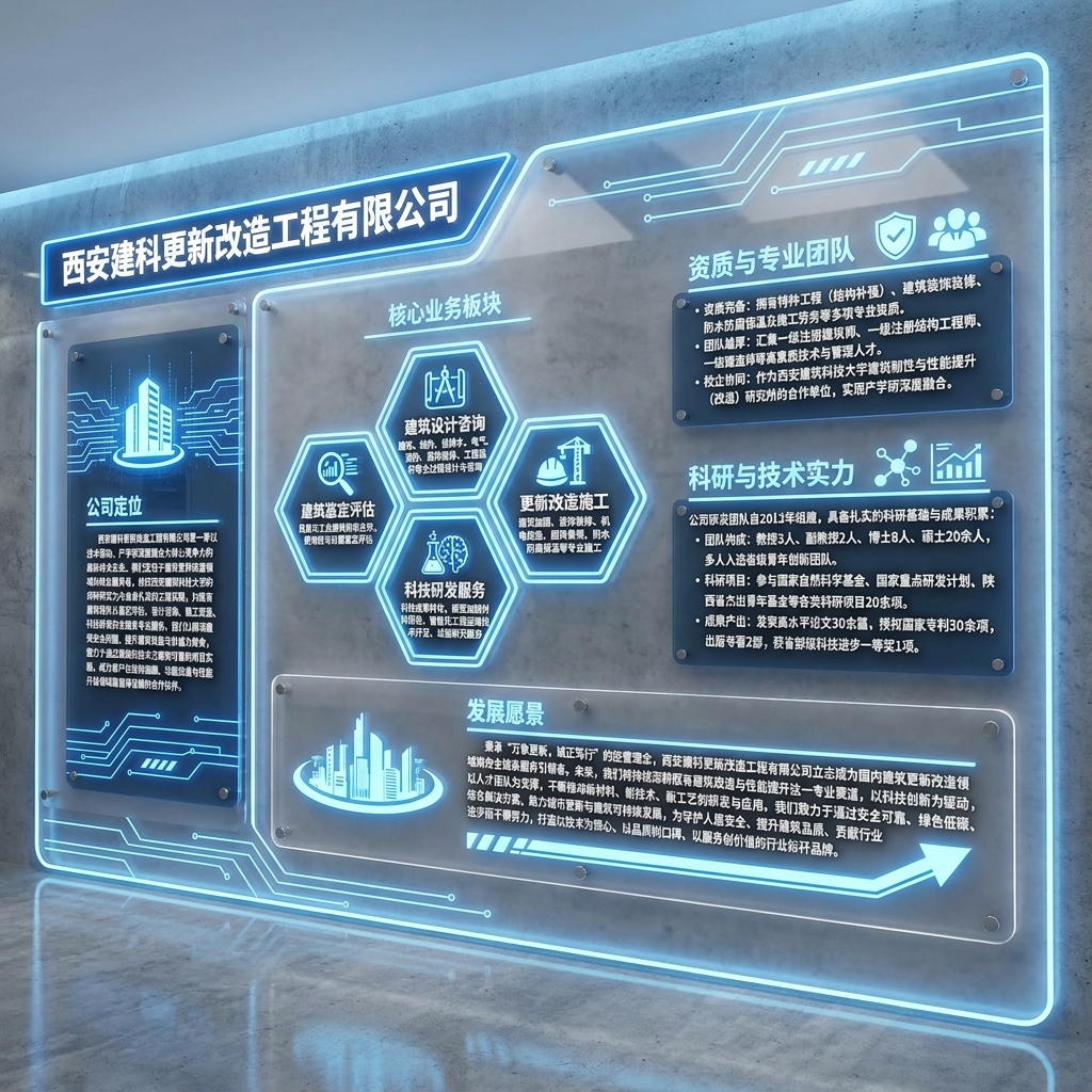 我要做一个公司文化墙,要求符合科技企业文化墙风格和色调,亚克力墙面,内容如下:
公司定位
西安建科更新改造工程有限公司是一家以技术驱动、产学研深度融合为核心竞争力的高新技术企业。我们定位于建筑更新改造领域的综合服务者,依托西安建筑科技大学的科研实力与自身扎实的工程实践,为既有建筑提供从鉴定评估、设计咨询、施工改造、科技研发的全链条专业服务。
我们以解决建筑安全问题、提升建筑性能与价值为使命,致力于通过高效的技术方案和可靠的项目实施,成为客户在结构加固、功能改造与性能升级领域最值得信赖的合作伙伴。
核心业务板块
公司主营业务覆盖以下五大板块,形成完整服务链:
• 建筑鉴定评估
民用与工业建筑的安全性、使用性与抗震鉴定评估
• 建筑设计咨询
建筑、结构、给排水、电气、消防、装饰装修、工程造价等全过程设计与咨询
• 更新改造施工
建筑加固、装饰装修、机电改造、园林景观、防水防腐保温等专业施工
• 科技研发服务
科技成果转化、新型加固材料研发、智能化工程运维技术开发、试验研究服务
• 工程技术服务
结构振动测试、结构性能监测、仿真受力分析等专项技术服务
资质与专业团队
• 资质完备:拥有特种工程(结构补强)、建筑装饰装修、防水防腐保温及施工劳务等多项专业资质。
• 团队雄厚:汇集一级注册建筑师、一级注册结构工程师、一级建造师等高素质技术与管理人才。
• 校企协同:作为西安建筑科技大学建筑韧性与性能提升(改造)研究所的合作单位,实现产学研深度融合。
科研与技术实力
公司研发团队自2012年组建,具备扎实的科研基础与成果积累:
• 团队构成:教授3人、副教授2人、博士8人、硕士20余人,多人入选省级青年创新团队。
• 科研项目:参与国家自然科学基金、国家重点研发计划、陕西省杰出青年基金等各类科研项目20余项。
• 成果产出:发表高水平论文30余篇,授权国家专利30余项,出版专著2部,获省部级科技进步一等奖1项。
发展愿景
秉承“万象更新,诚正笃行”的经营理念,西安建科更新改造工程有限公司立志成为国内建筑更新改造领域的全链条服务引领者。未来,我们将持续深耕既有建筑改造与性能提升这一专业赛道,以科技创新为驱动,以人才团队为支撑,不断推动新材料、新技术、新工艺的研发与应用。我们致力于通过安全可靠、绿色低碳、经济合理的综合解决方案,助力城市更新与建筑可持续发展,为守护人居安全、提升建筑品质、贡献行业进步而不懈努力,打造以技术为核心、以品质树口碑、以服务创价值的行业标杆品牌。