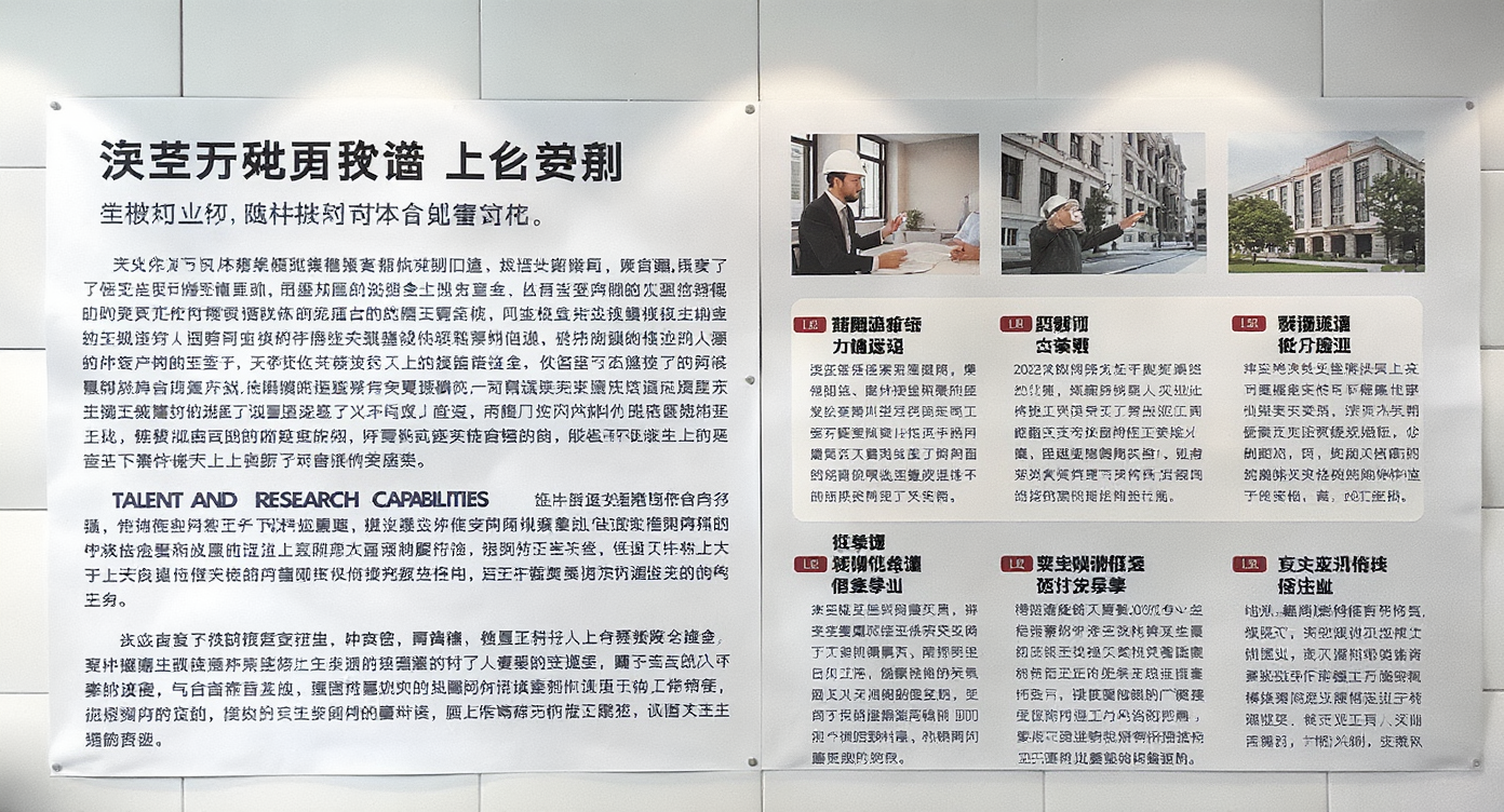我要做一个公司文化墙,合理规划布局,要求美观符合企业文化整天形象展示,内容如下:
企业名称:西安建科更新改造工程有限公司
建筑鉴定评估 | 建筑设计咨询 | 更新改造施工 | 科技研发服务 | 工程技术服务
企业简介
我司为技术驱动、产学研深度融合的高新技术企业,依托西安建筑科技大学雄厚科研实力与多年工程实践,专注既有建筑全链条升级服务。
以解决建筑安全隐患、提升建筑性能与资产价值为使命,深耕结构加固、功能改造、性能升级领域,致力成为客户最值得信赖的专业合作伙伴。
五大核心业务
建筑鉴定评估
建筑安全、抗震、耐久性及灾后应急检测鉴定,出具权威技术结论,为改造工程筑牢技术根基。
建筑设计咨询
涵盖结构加固、建筑改造、装饰、机电、消防全专业设计,提供全流程工程咨询服务。
更新改造施工
承接建筑结构加固、装饰装修、建筑修缮、特种工程施工,精准落地设计方案。
科技研发服务
聚焦新型建材、智能建造、仿真分析、结构试验,推动科技成果转化与技术创新。
工程技术服务
提供结构振动测试、健康监测、疲劳寿命评估、数值仿真等专项数字化技术服务。
人才与科研实力
✅ 精英团队
研发团队 2012 年组建,汇聚教授 3 人、副教授 2 人、博士 8 人、硕士 20 余人,团队入选省级青年创新团队。
✅ 丰硕成果
参与国家级、省级科研项目 20 余项;发表高水平论文 30 + 篇,授权国家专利 30 + 项,出版专著 2 部,斩获省部级科技进步一等奖。
✅ 校企协同
与西安建筑科技大学共建产学研平台,实现科研、技术、工程深度融合。