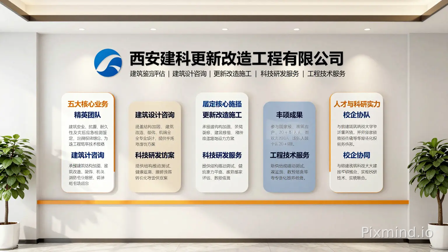 帮我生成一个公司企业文化墙(形象墙),材质亚克力,根据提供内容合理布局规划方案和配色,要求美观精致,内容如下:
企业名称:西安建科更新改造工程有限公司
建筑鉴定评估 | 建筑设计咨询 | 更新改造施工 | 科技研发服务 | 工程技术服务
企业简介
我司为技术驱动、产学研深度融合的高新技术企业,依托西安建筑科技大学雄厚科研实力与多年工程实践,专注既有建筑全链条升级服务。
以解决建筑安全隐患、提升建筑性能与资产价值为使命,深耕结构加固、功能改造、性能升级领域,致力成为客户最值得信赖的专业合作伙伴。
五大核心业务
建筑鉴定评估
建筑安全、抗震、耐久性及灾后应急检测鉴定,出具权威技术结论,为改造工程筑牢技术根基。
建筑设计咨询
涵盖结构加固、建筑改造、装饰、机电、消防全专业设计,提供全流程工程咨询服务。
更新改造施工
承接建筑结构加固、装饰装修、建筑修缮、特种工程施工,精准落地设计方案。
科技研发服务
聚焦新型建材、智能建造、仿真分析、结构试验,推动科技成果转化与技术创新。
工程技术服务
提供结构振动测试、健康监测、疲劳寿命评估、数值仿真等专项数字化技术服务。
人才与科研实力
✅ 精英团队
研发团队 2012 年组建,汇聚教授 3 人、副教授 2 人、博士 8 人、硕士 20 余人,团队入选省级青年创新团队。
✅ 丰硕成果
参与国家级、省级科研项目 20 余项;发表高水平论文 30 + 篇,授权国家专利 30 + 项,出版专著 2 部,斩获省部级科技进步一等奖。
✅ 校企协同
与西安建筑科技大学共建产学研平台,实现科研、技术、工程深度融合。