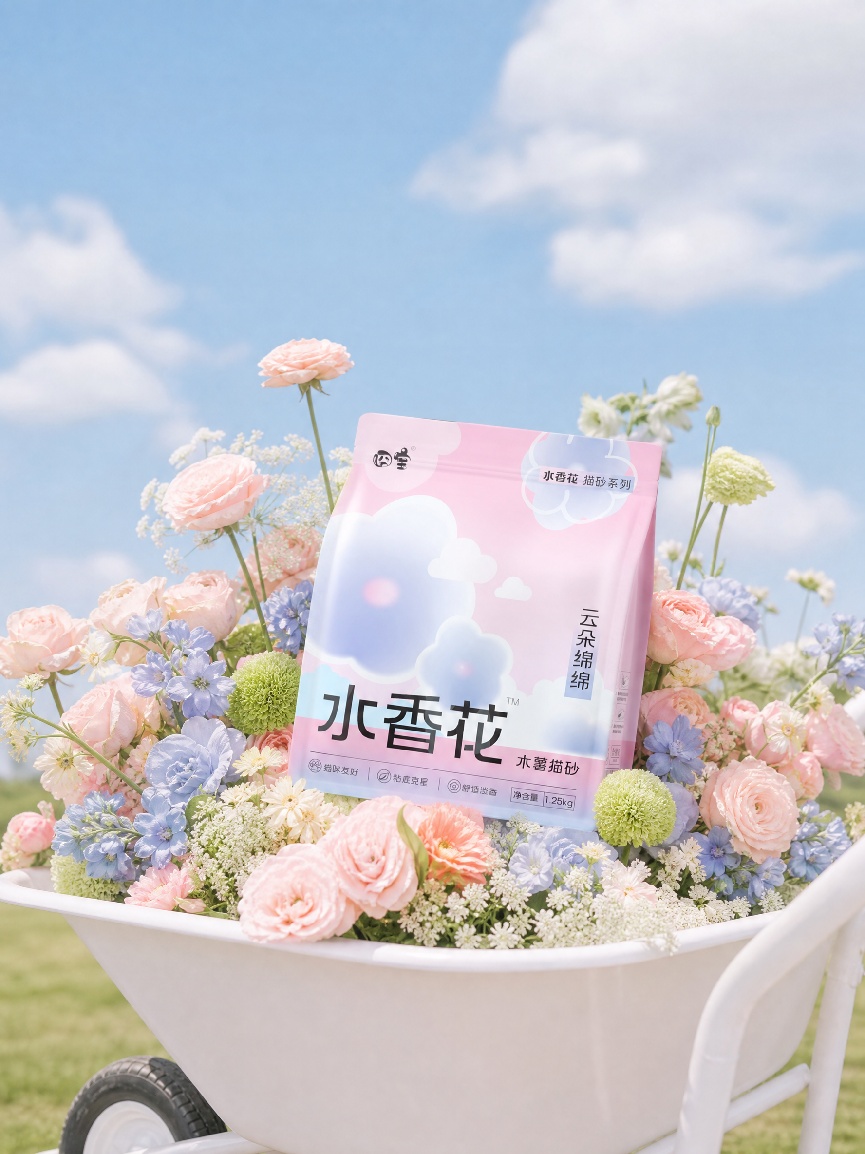 背景天空饱和度降低,加点柔和的白云,背景的绿植去掉,中间的人物去掉,把包装放在花中间,下面的推车变成白色的,包装四周的花要和包装搭配,清新春日公园气息,高级干净治愈风,产品摄影,柔焦摄影,商业大片摄影,高细节,8K