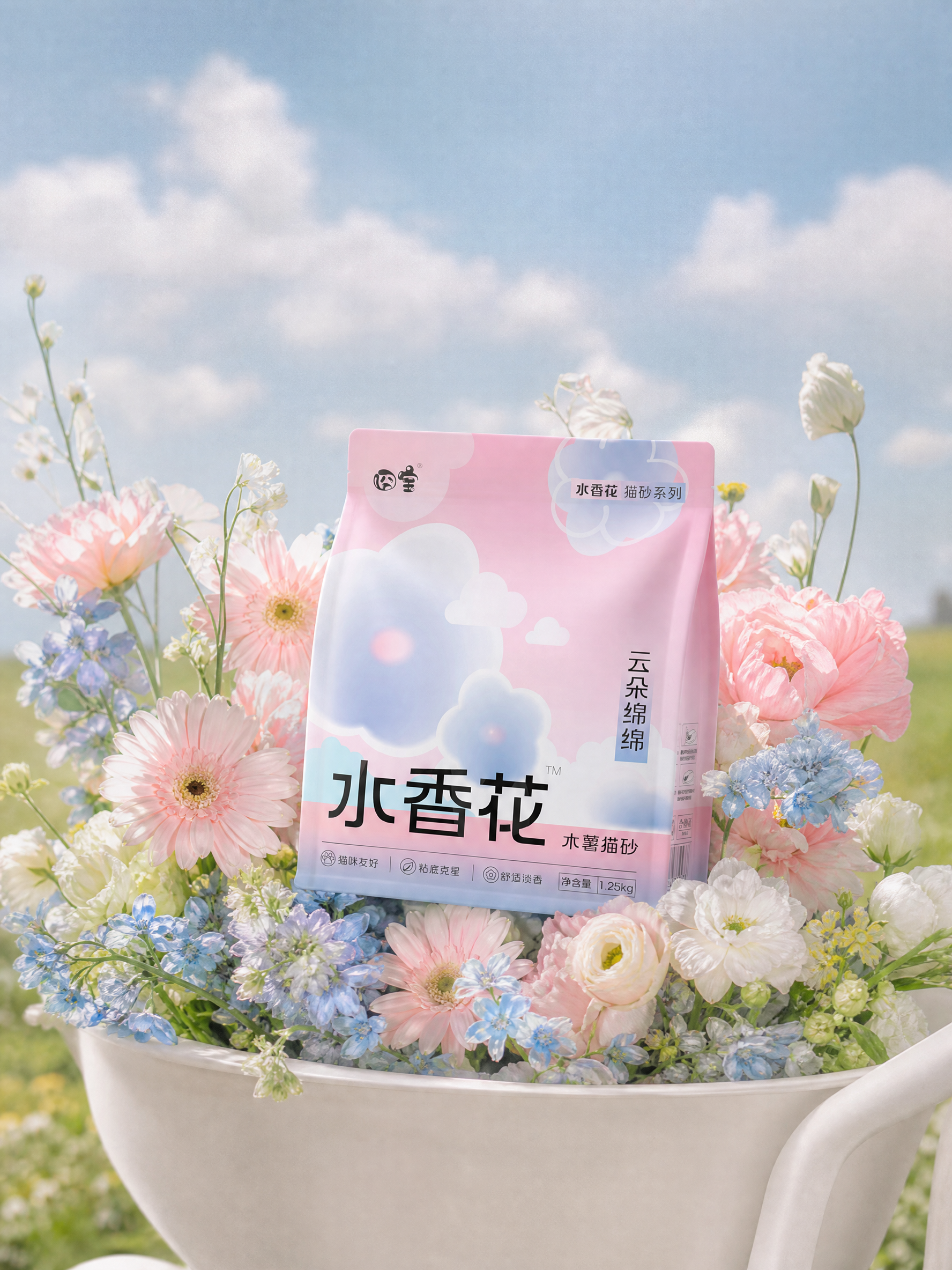 背景天空饱和度降低,加点柔和的白云,背景的绿植去掉,中间的人物去掉,把包装放在花中间,下面的推车变成白色的,包装四周的花要和包装搭配,清新春日公园气息,高级复古治愈风,产品摄影,柔焦摄影,光影柔和真实,对比强,商业大片摄影,真实细节,8K