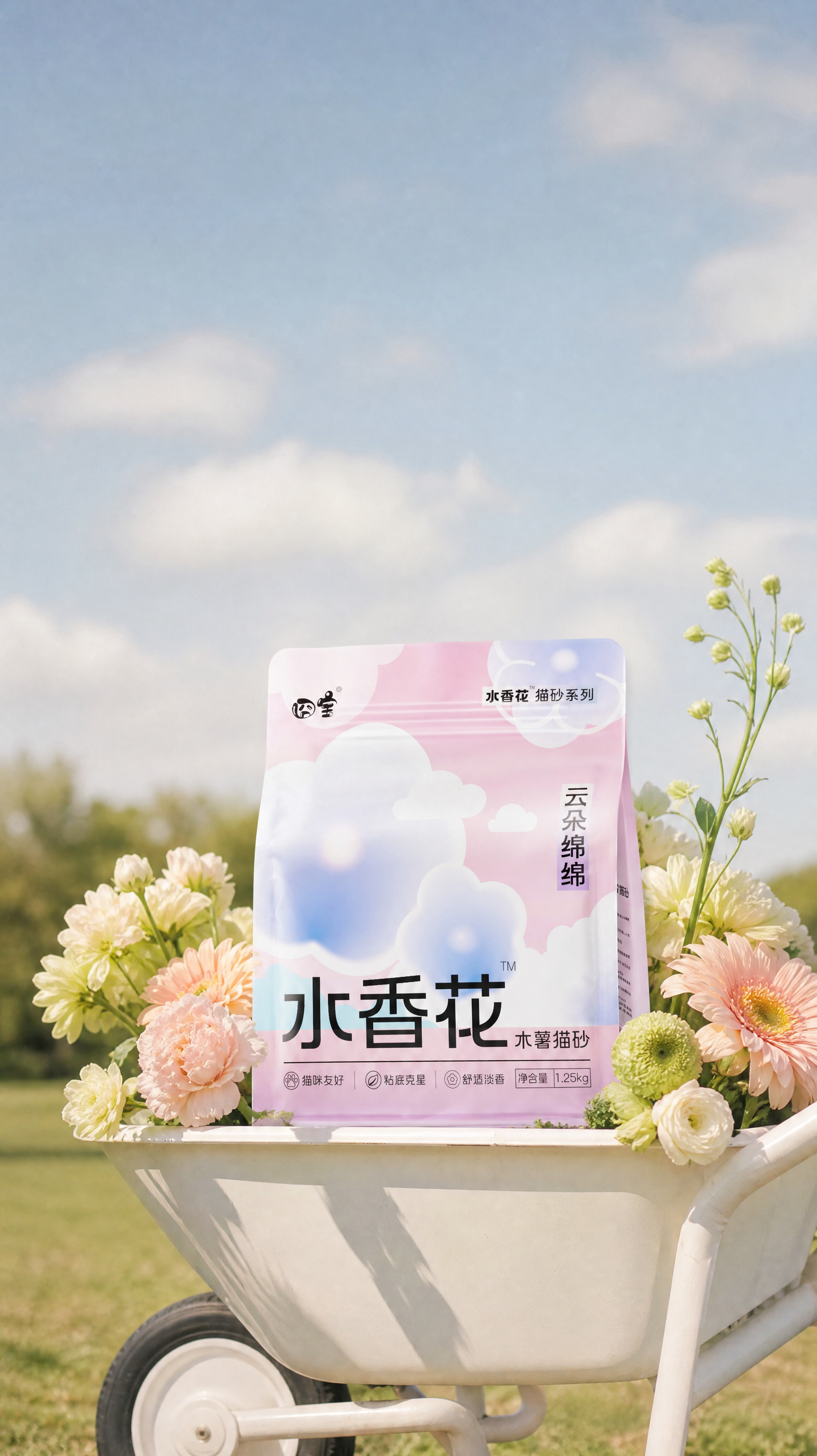 背景天空饱和度降低,加点柔和的白云,背景的绿植去掉,中间的人物去掉,把包装放在花中间,下面的推车变成白色的,,花的数量减少减小,清新春日公园气息,高级复古治愈风,产品摄影,柔焦摄影,光影对比强,商业大片摄影,真实细节,8K