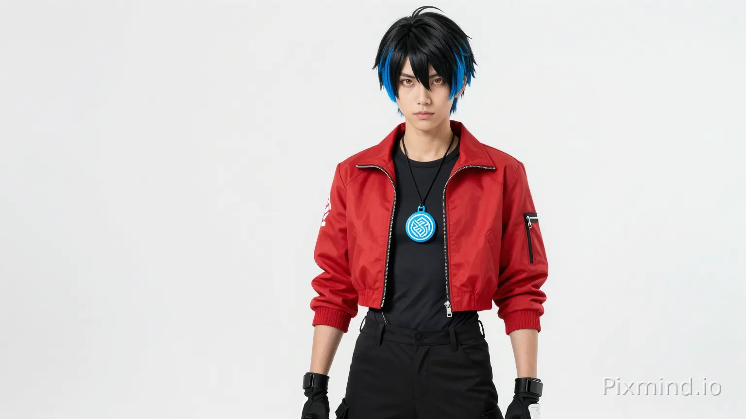 CHARACTER MASTER FILE
Name:
Kai Arashi
Age:
16
Height:
170 cm
Body Type:
athletic
Head Shape:
slightly angular
Face Width:
14 cm relative scale
Jaw:
soft angular jawline
Skin:
light warm tone
HAIR
Base Color:
matte black
Accent Color:
electric blue
Hair Length:
12 cm average
Front Lock Count:
1
Primary Front Lock:
length 11 cm
width 4 cm
Position:
left side forehead
Angle:
diagonal downward
Ends:
sharp
Side Hair:
covers upper half ears
Rear Hair:
5 cm below crown
EYES
Shape:
anime almond
Color:
golden amber
Iris Size:
large
Pupil:
small
Eyebrows:
medium thickness
Expression:
confident
OUTFIT
Red cropped jacket
Length:
waist level
Sleeve Symbols:
white geometric symbols
Black compression shirt
Black combat pants
White high-top sneakers
Fingerless gloves
Pendant:
blue ramen core pendant
Background:
pure white
Lighting:
flat studio lighting
Pose:
neutral T pose
No environment
No effects