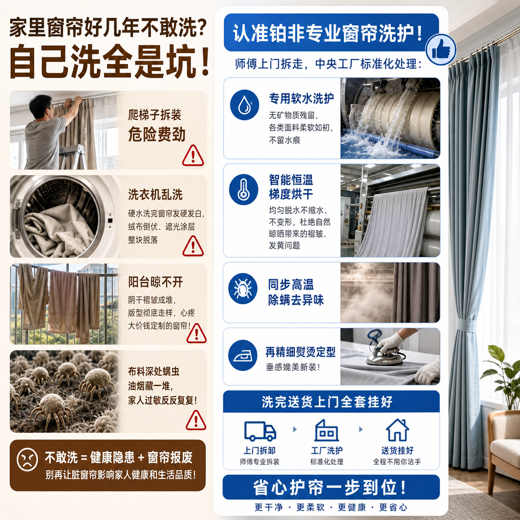 家里窗帘好几年不敢洗?自己洗全是坑!
爬梯子拆装危险费劲,洗衣机乱洗,硬水洗完窗帘发硬发白,绒布倒伏、遮光涂层整块脱落;阳台晾不开,阴干褶皱成堆,版型彻底走样,心疼大价钱定制的窗帘!
布料深处螨虫油烟藏一堆,家人过敏反反复复!
认准铂非专业窗帘洗护!
师傅上门拆走,中央工厂标准化处理:
专用软水洗护,无矿物质残留,各类面料柔软如初,不留水痕;
智能恒温梯度烘干,均匀脱水不缩水、不变形,杜绝自然晾晒带来的褶皱、发黄问题;
同步高温除螨去异味,再精细熨烫定型,垂感媲美新装!
洗完送货上门全套挂好,全程不用你沾手,省心护帘一步到位!