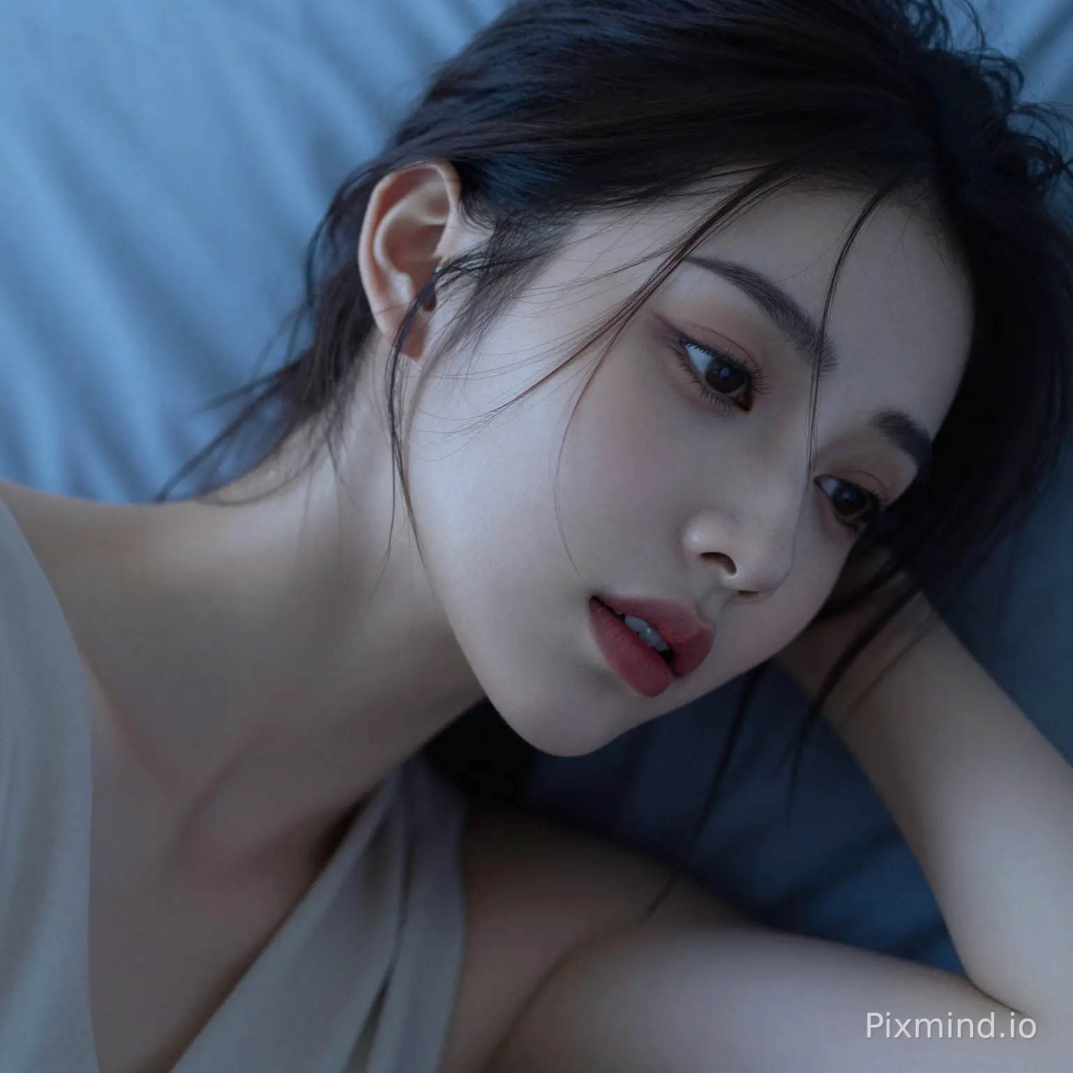 这是一张亚洲女性模特的人像特写图:
画面里她侧躺,发丝轻垂,眉眼舒展,眼神带着慵懒感,唇色是自然的红调,气质清冷又柔和。
她身着浅色衣物,背景是偏冷调的蓝色床品,整体画面氛围感拉满,光影细腻地勾勒出她的颈部线条,尽显优雅慵懒的氛围感。