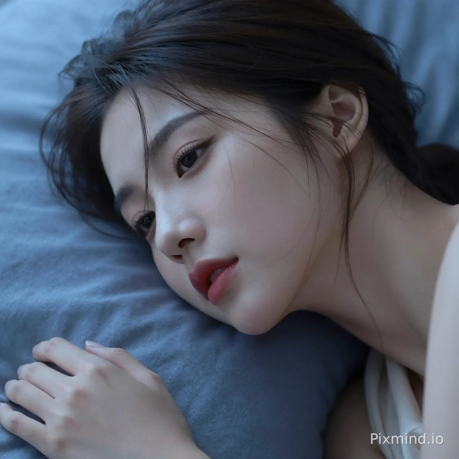 这是一张亚洲女性模特的人像特写图:
画面里她侧躺,发丝轻垂,眉眼舒展,眼神带着慵懒感,唇色是自然的红调,气质清冷又柔和。
她身着浅色衣物,背景是偏冷调的蓝色床品,整体画面氛围感拉满,光影细腻地勾勒出她的颈部线条,尽显优雅慵懒的氛围感。