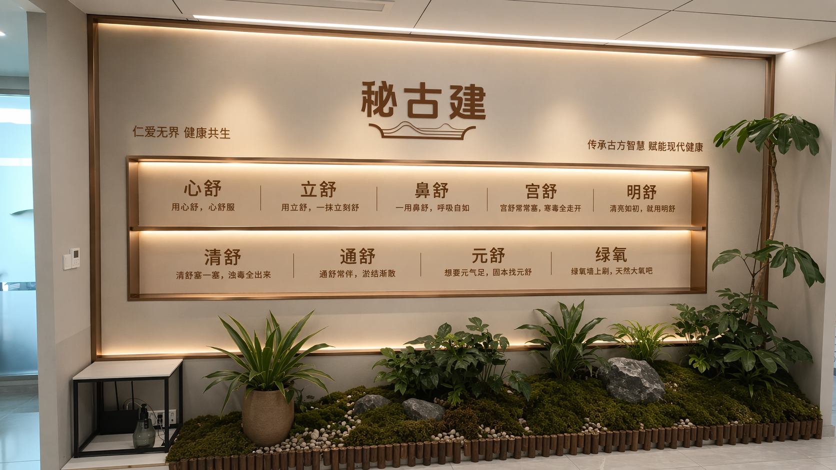 参考第一张图的效果,在第二张图上做出效果,logo为第三张图,文字内容用logo色,需要做出长壁龛的造型,内嵌灯带发光,四周需要做金属包边,增加一些文字内容,内容为心舒(用心舒,心舒服)
立舒(用立舒,一抹立刻舒)
鼻舒(一用鼻舒,呼吸自如)
宫舒(宫舒常常塞,寒毒全走开)
明舒(清亮如初,就用明舒)
清舒(清舒塞一塞,浊毒全出来)
通舒(通舒常伴,淤结渐散)
元舒(想要元气足,固本找元舒)
绿氧(绿氧墙上刷,天然大氧吧)