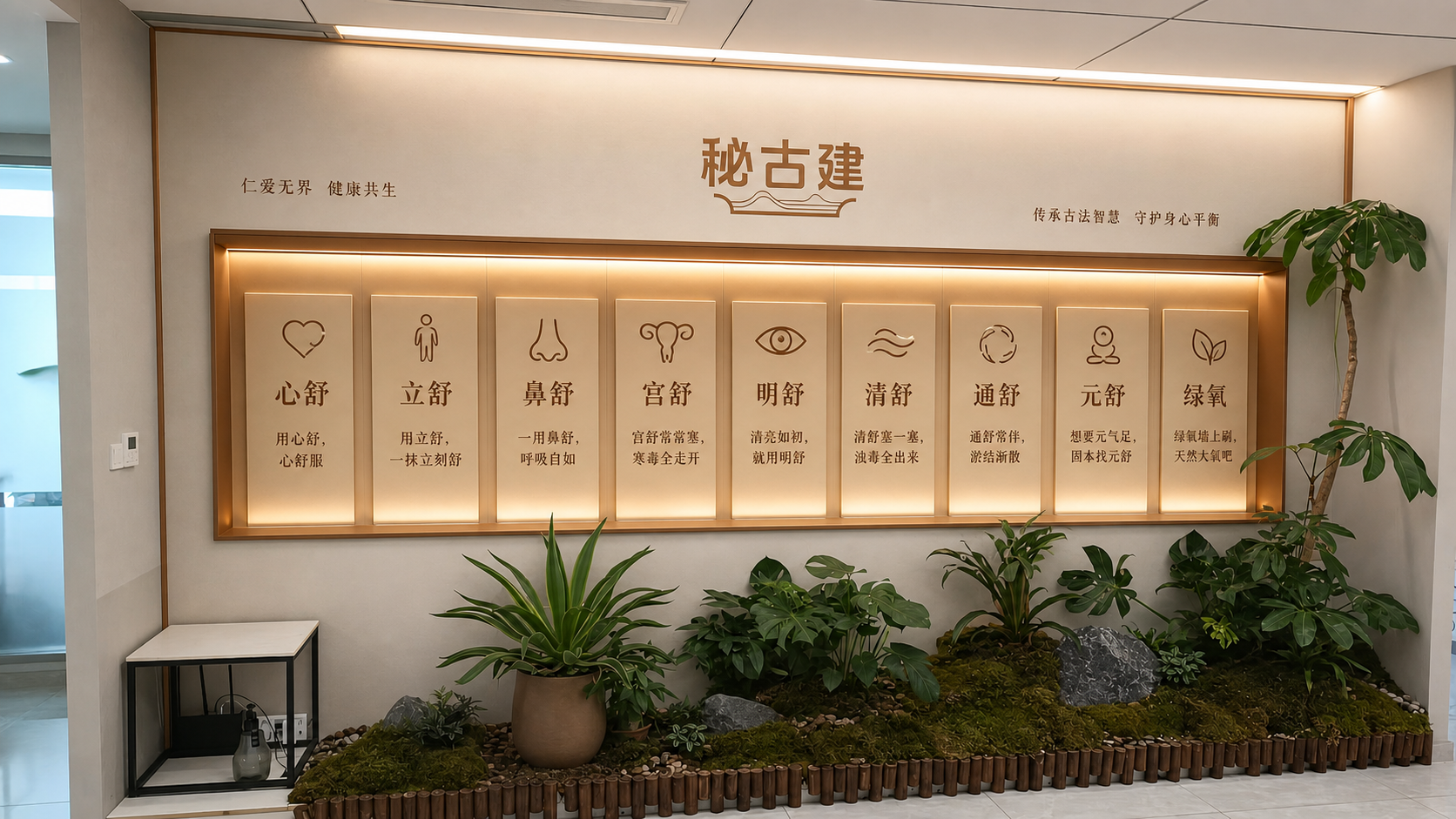 参考第一张图的效果,在第二张图上做出效果,logo为第三张图,文字内容用logo色,需要做出长壁龛的造型,内嵌灯带发光,四周需要做金属包边,增加一些文字内容,内容为心舒(用心舒,心舒服)
立舒(用立舒,一抹立刻舒)
鼻舒(一用鼻舒,呼吸自如)
宫舒(宫舒常常塞,寒毒全走开)
明舒(清亮如初,就用明舒)
清舒(清舒塞一塞,浊毒全出来)
通舒(通舒常伴,淤结渐散)
元舒(想要元气足,固本找元舒)
绿氧(绿氧墙上刷,天然大氧吧)