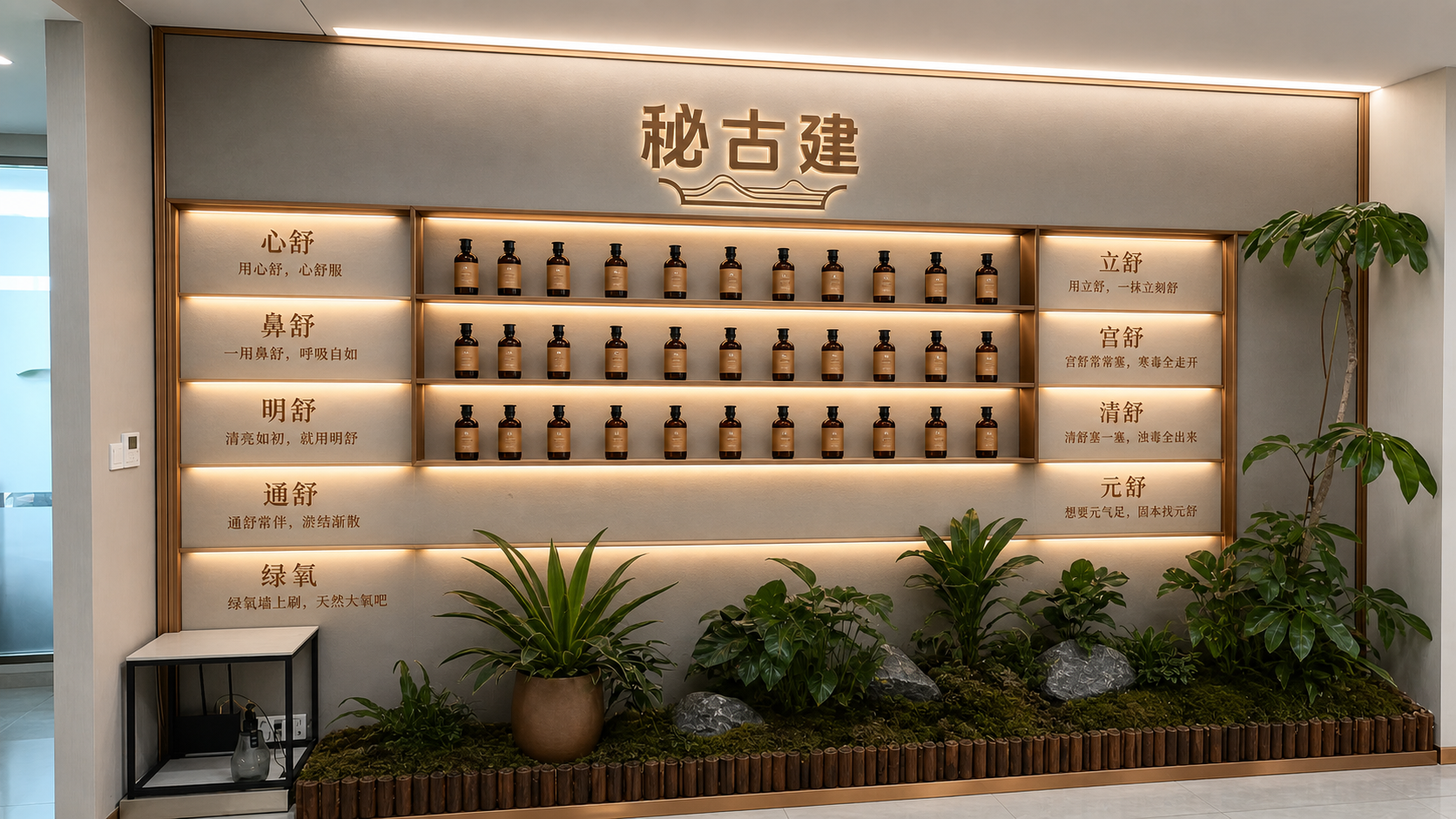 参考第一张图的效果,在第二张图上做出效果,logo为第三张图,文字内容用logo色,需要做出长壁龛的造型,内嵌灯带发光,四周需要做金属包边,增加一些文字内容,内容为心舒(用心舒,心舒服)
立舒(用立舒,一抹立刻舒)
鼻舒(一用鼻舒,呼吸自如)
宫舒(宫舒常常塞,寒毒全走开)
明舒(清亮如初,就用明舒)
清舒(清舒塞一塞,浊毒全出来)
通舒(通舒常伴,淤结渐散)
元舒(想要元气足,固本找元舒)
绿氧(绿氧墙上刷,天然大氧吧)