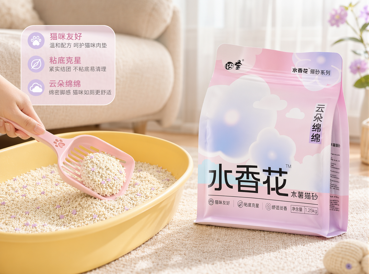 温馨治愈风猫砂日常使用场景图,画面以明亮居家环境为背景,浅米色布艺沙发与暖白窗帘营造出舒适松弛的氛围。核心元素包括:右侧是图二产品-粉白渐变云朵纹的 “囧宝水香花水薯猫砂” 包装袋,标注 “云朵绵绵”“猫咪友好”“粘底克星” 等卖点,净含量 1.25kg,清新柔和的视觉传递天然安全属性;左侧是亮黄色猫砂盆,内铺奶白色混合猫砂,点缀粉紫花瓣形除臭颗粒,一只手握着粉色猫砂铲,正舀起紧实结团的猫砂,直观展示强结团、易清理的核心优势。
构图采用平视侧视角,视觉焦点集中在猫砂盆与包装袋上,光线为柔和暖调自然光,均匀打光凸显猫砂的细腻颗粒、结团质感与包装的清新质感,整体风格干净治愈、温馨舒适,色彩以粉、黄、奶白、浅紫为主,完美传递宠物用品的居家便捷与天然温和的核心卖点,适配电商详情页场景展示与产品科普。