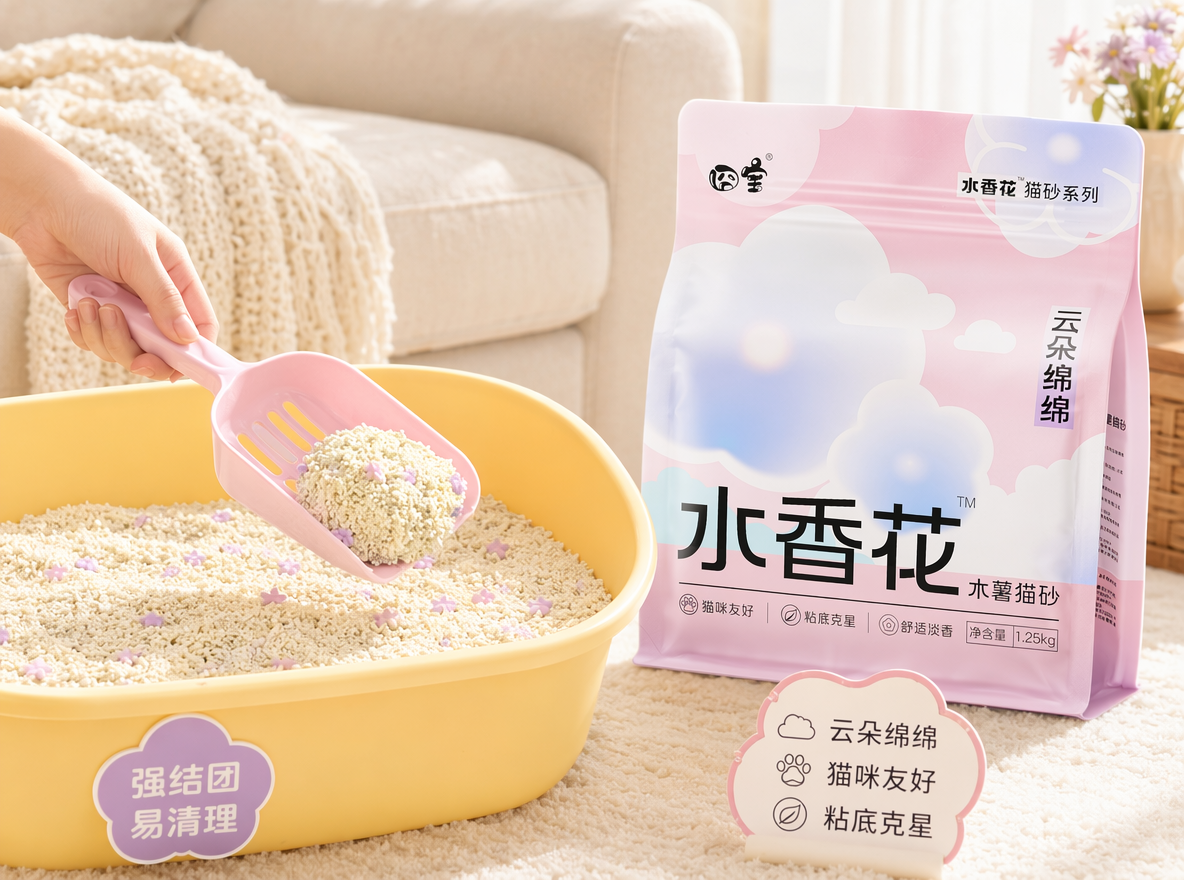 温馨治愈风猫砂日常使用场景图,画面以明亮居家环境为背景,浅米色布艺沙发与暖白窗帘营造出舒适松弛的氛围。核心元素包括:右侧是图二产品-粉白渐变云朵纹的 “囧宝水香花水薯猫砂” 包装袋,标注 “云朵绵绵”“猫咪友好”“粘底克星” 等卖点,净含量 1.25kg,清新柔和的视觉传递天然安全属性;左侧是亮黄色猫砂盆,内铺奶白色混合猫砂,点缀粉紫花瓣形除臭颗粒,一只手握着粉色猫砂铲,正舀起紧实结团的猫砂,直观展示强结团、易清理的核心优势。
构图采用平视侧视角,视觉焦点集中在猫砂盆与包装袋上,光线为柔和暖调自然光,均匀打光凸显猫砂的细腻颗粒、结团质感与包装的清新质感,整体风格干净治愈、温馨舒适,色彩以粉、黄、奶白、浅紫为主,完美传递宠物用品的居家便捷与天然温和的核心卖点,适配电商详情页场景展示与产品科普。
